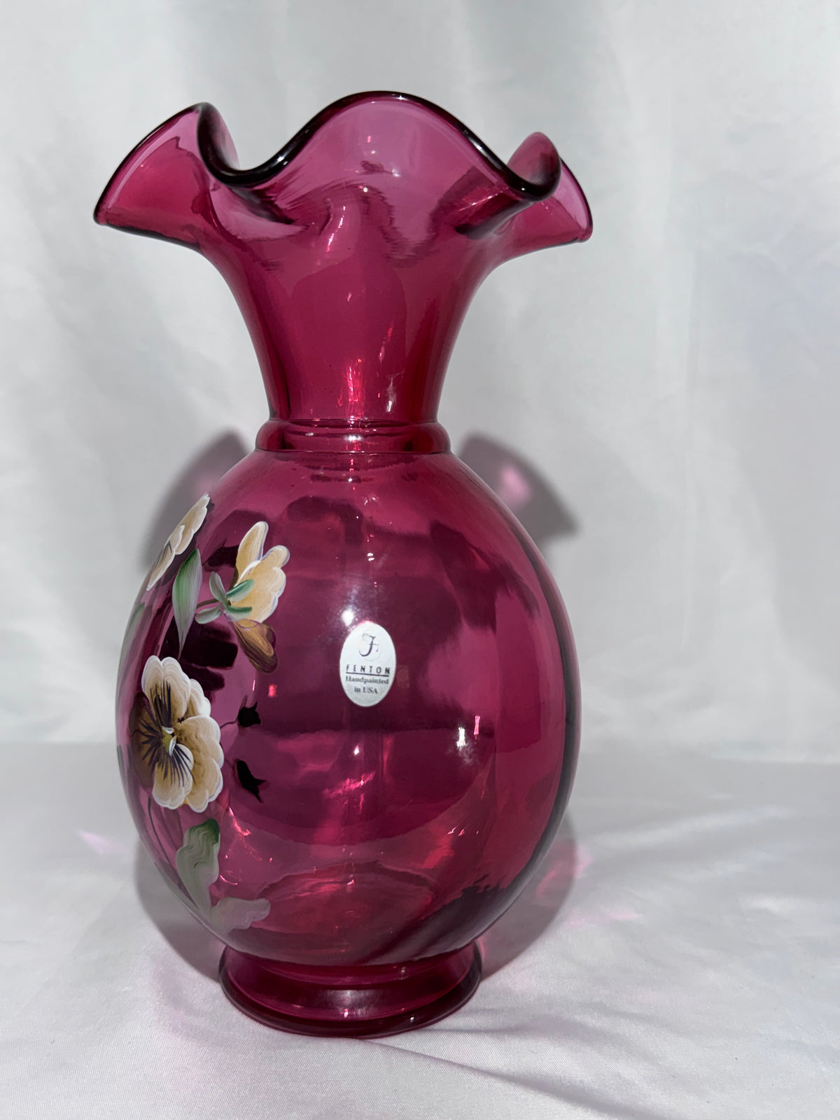 Vintage Fenton Cranberry Art Glass Vase – Hand-Painted Pansy Floral – P. Lane – 9” -1990's