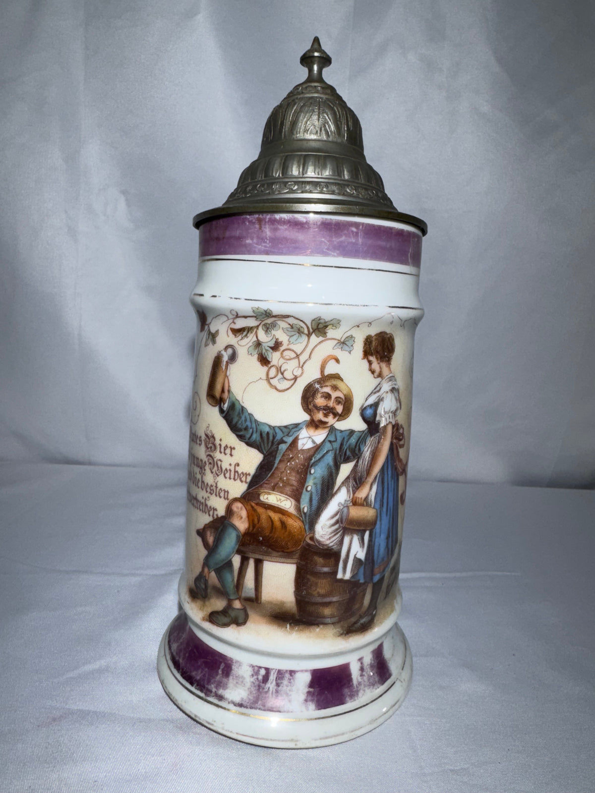 Antique 1800’s German Beer Stein Pewter Hinged Lid Tavern Scene Lithophane Base