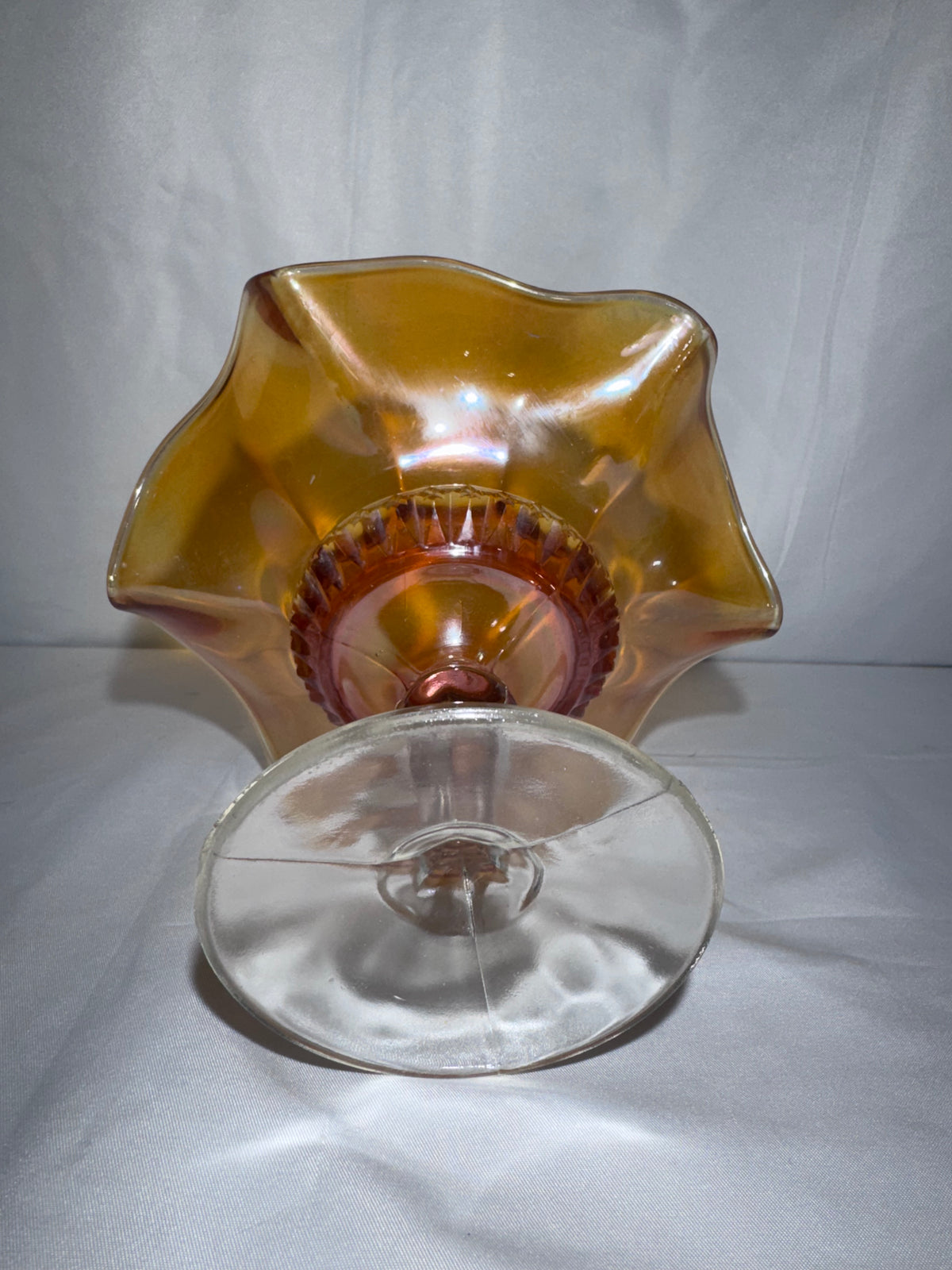 Vintage Marigold Carnival Glass Ruffled Pedestal Compote / Candy Dish 1920’s