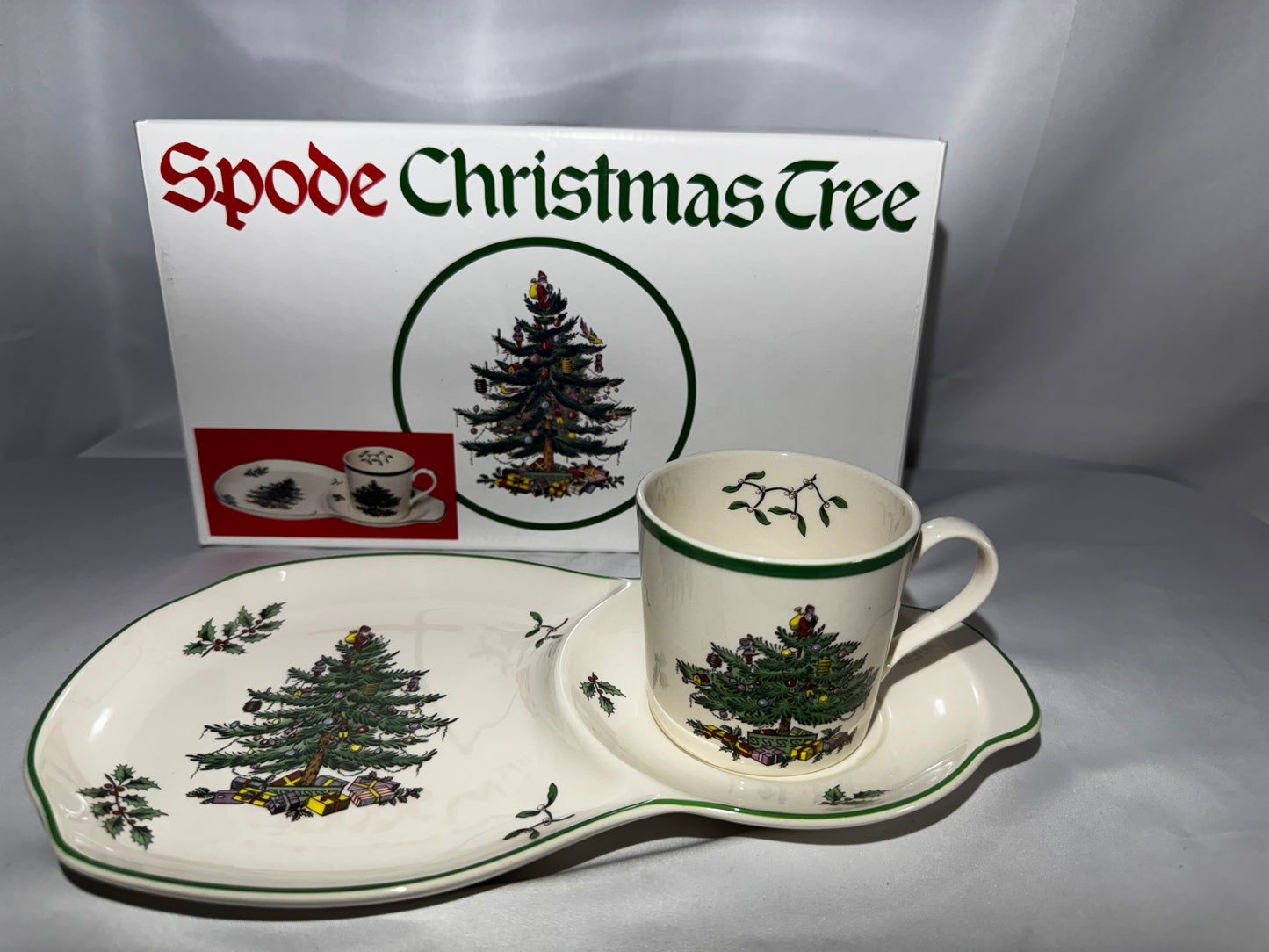 Spode Christmas Tree Tea & Toast Set Oval Tray & Mug w/ Box