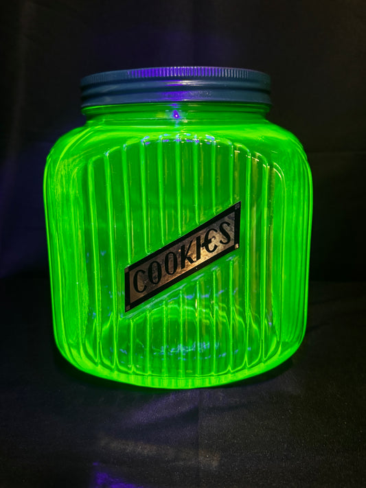 Vintage 1930s Uranium Glass Hoosier Cookie Canister w/ Green Lid & Original Sticker UV Glow