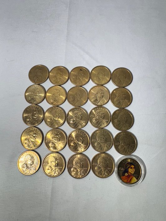 Lot of 25 United States Sacagawea One Dollar Coins – 2000, 2001 & 2002 – One Colorized Coin Included