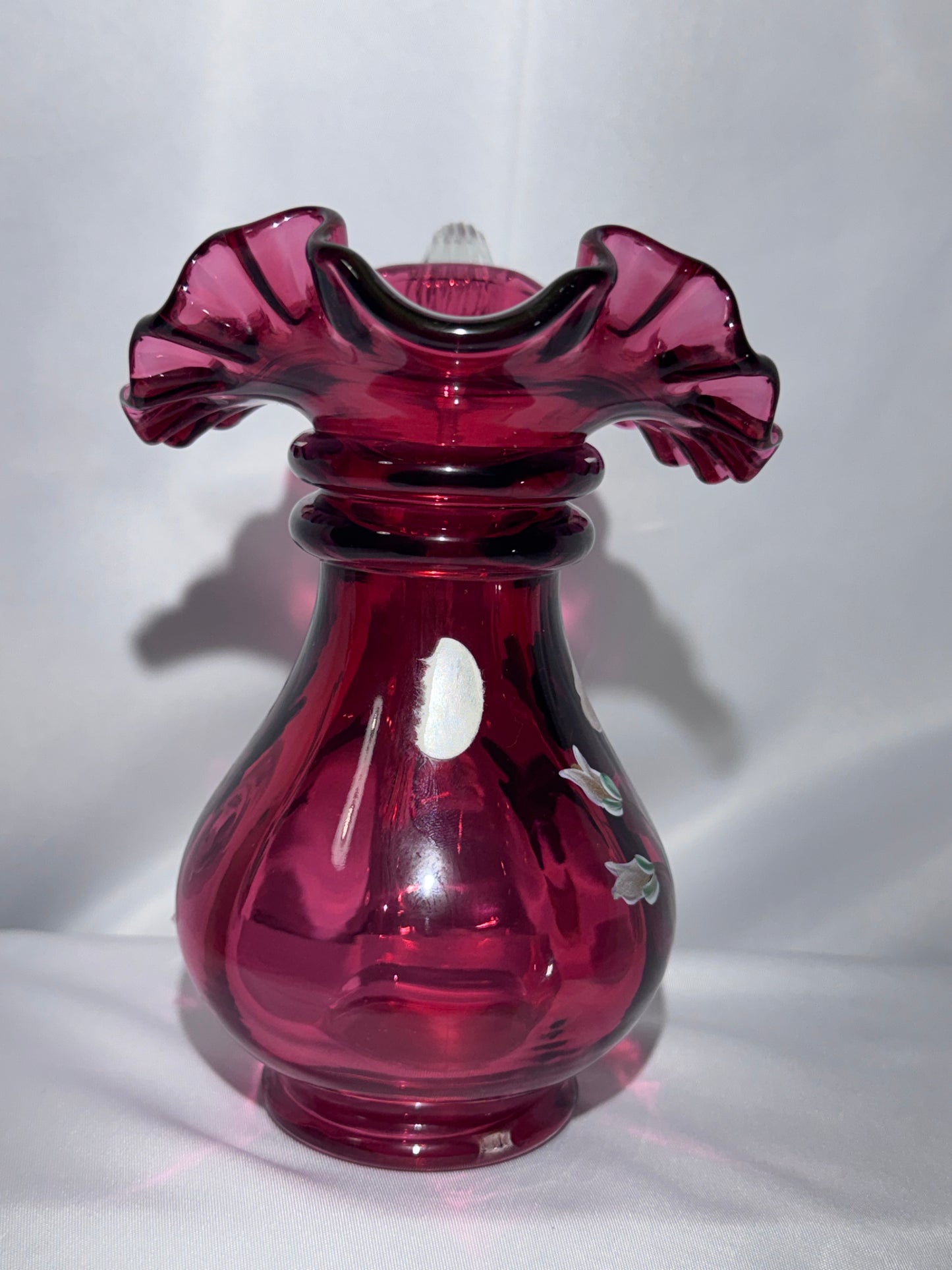 Vintage Fenton Cranberry Glass Pitcher – Hand-Painted Pansies – Signed