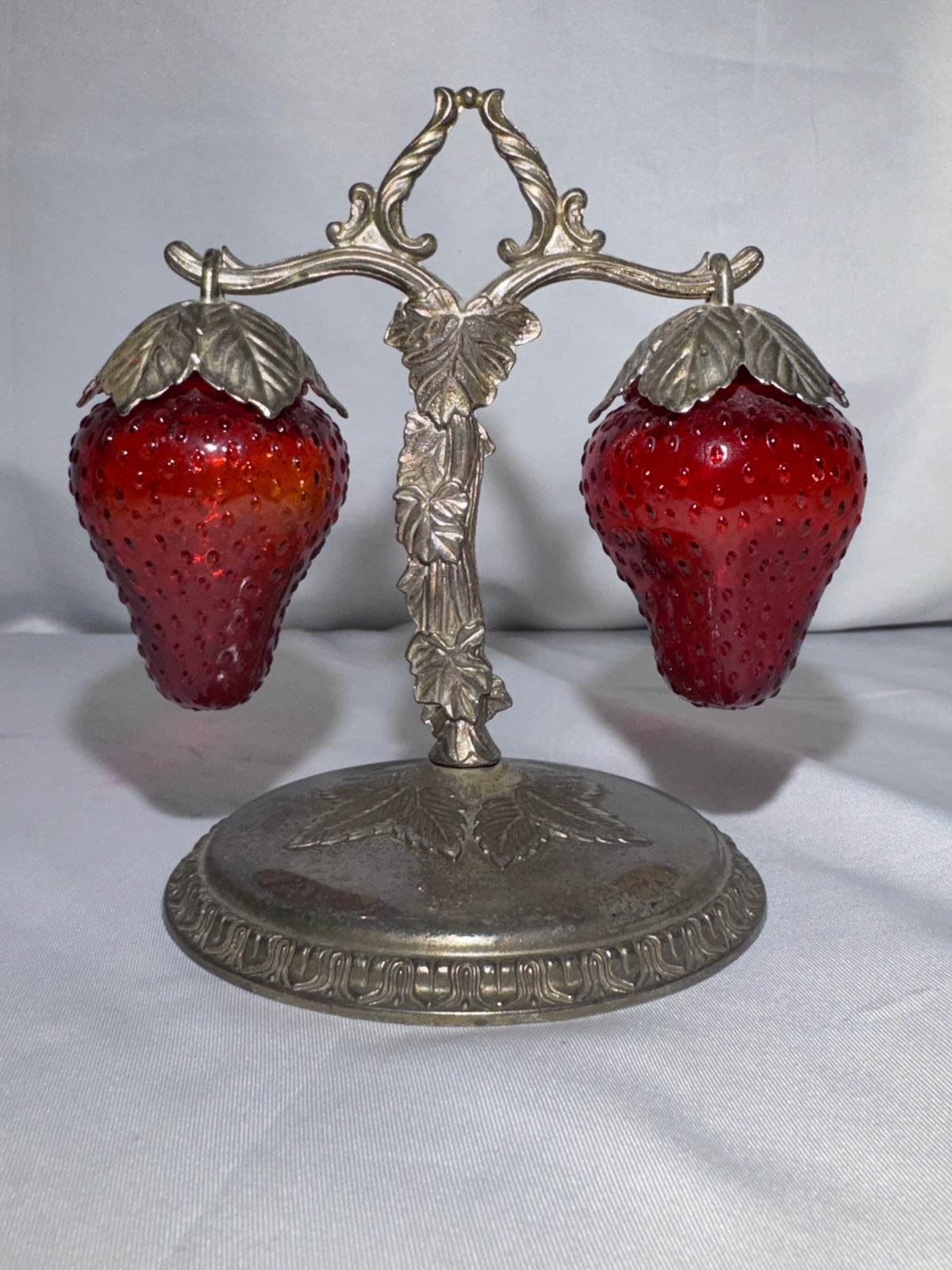 Vintage Japan Red Cadmium Glass Strawberry Salt Pepper Shakers w/ Hanging Stand