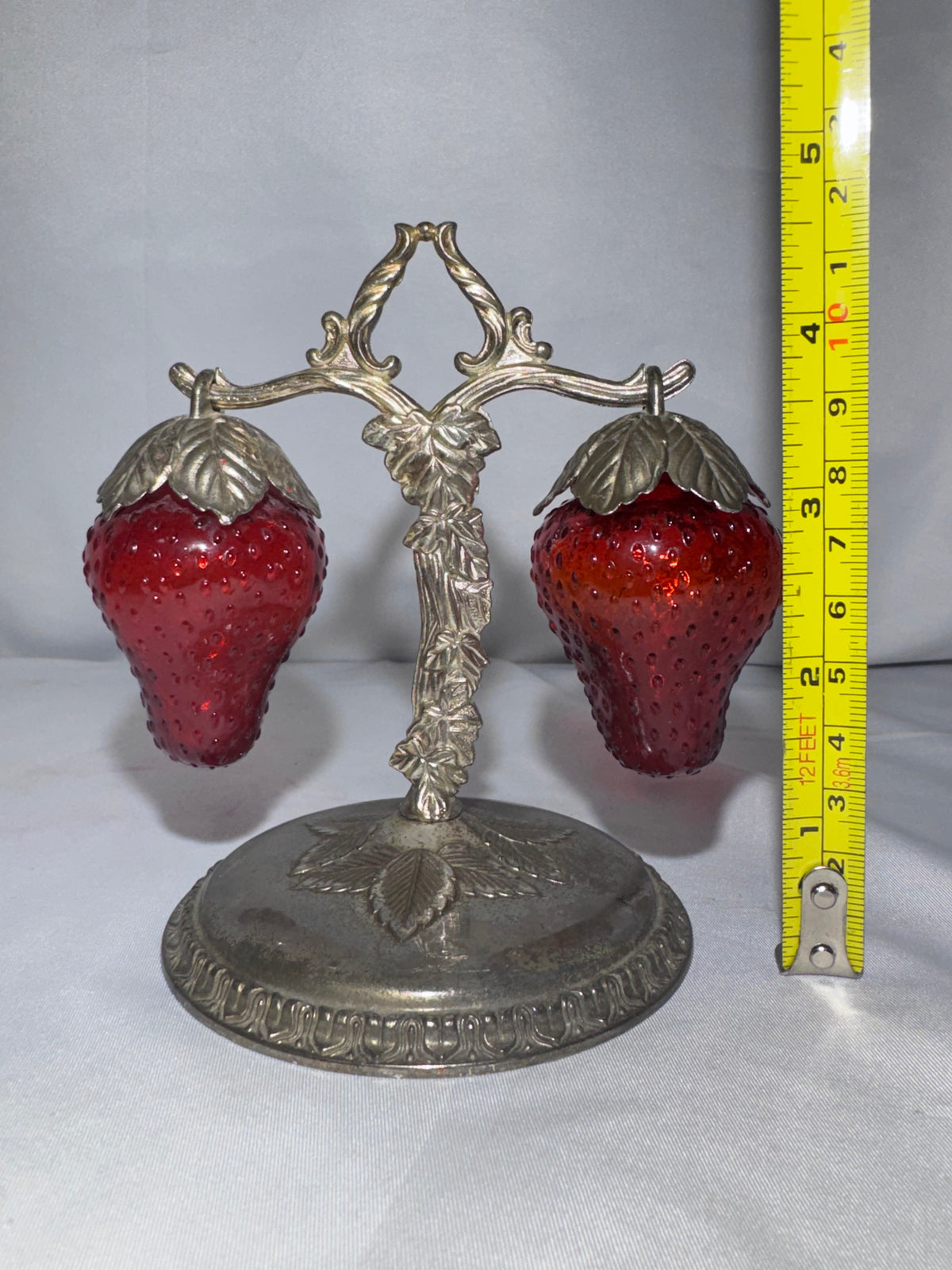 Vintage Japan Red Cadmium Glass Strawberry Salt Pepper Shakers w/ Hanging Stand