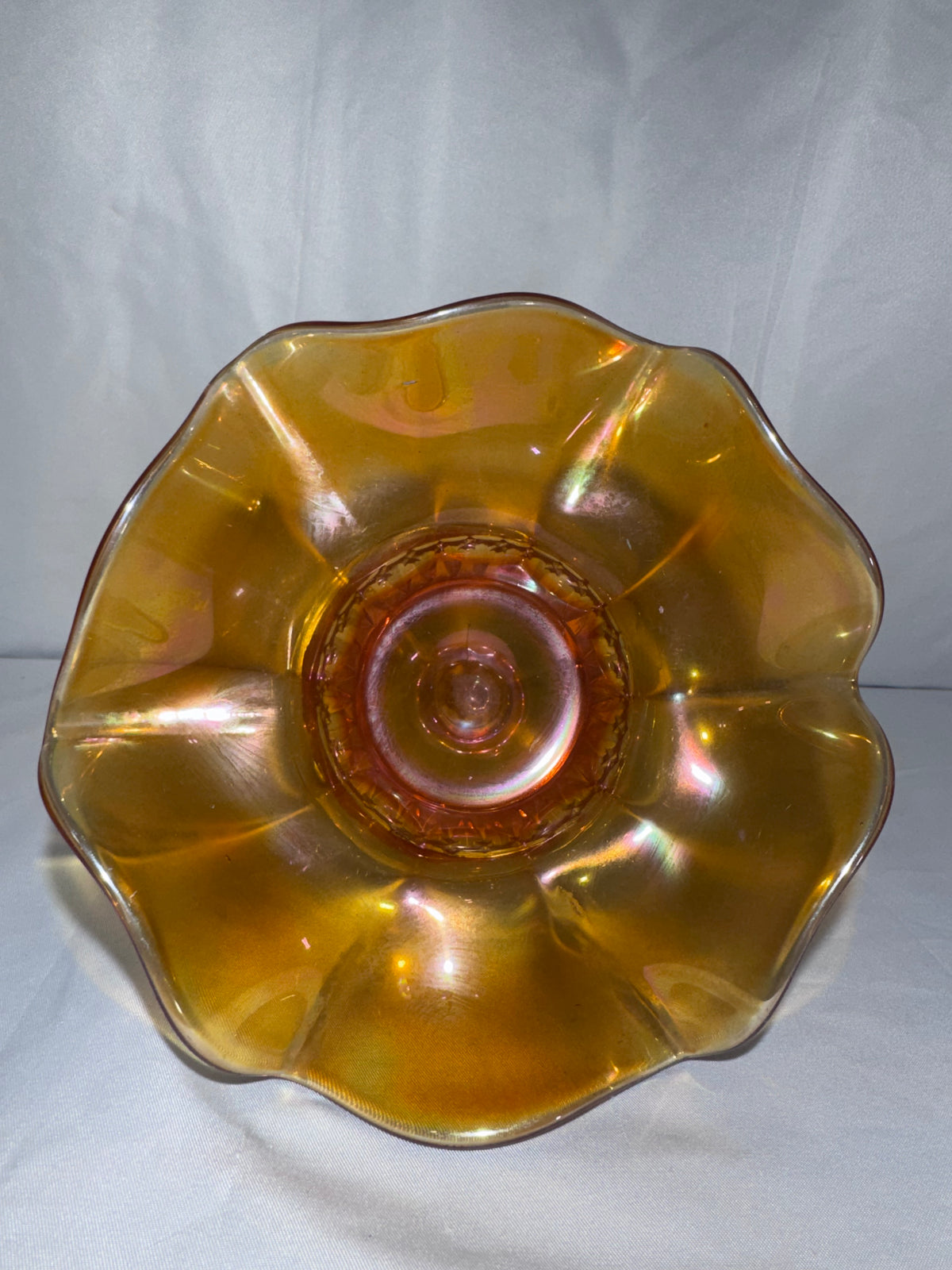 Vintage Marigold Carnival Glass Ruffled Pedestal Compote / Candy Dish 1920’s