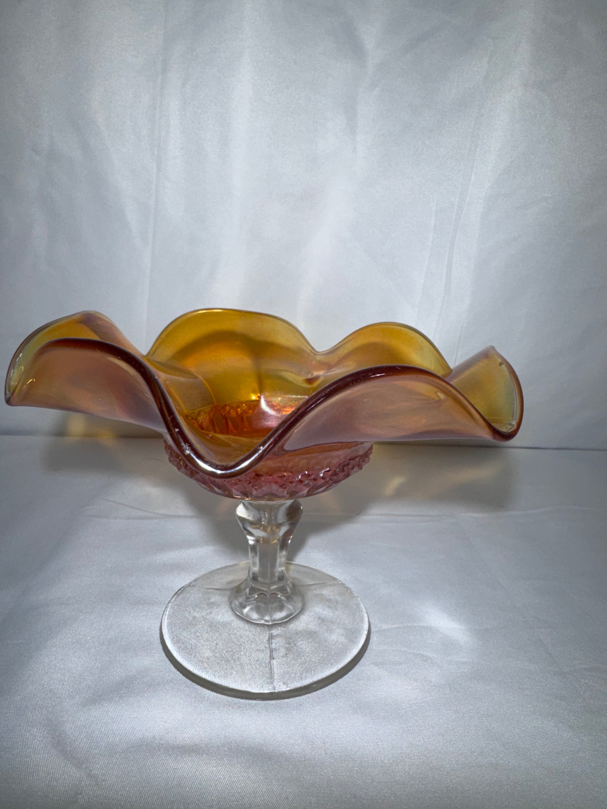 Vintage Marigold Carnival Glass Ruffled Pedestal Compote / Candy Dish 1920’s