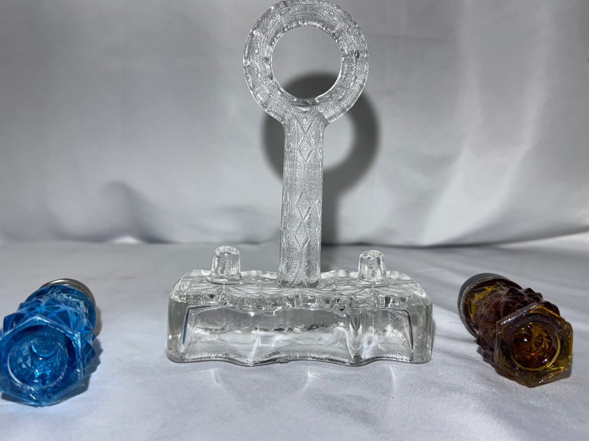 Antique EAPG Daisy & Button Slender Salt & Pepper Shaker Set w/ Glass Caddy – Circa 1884