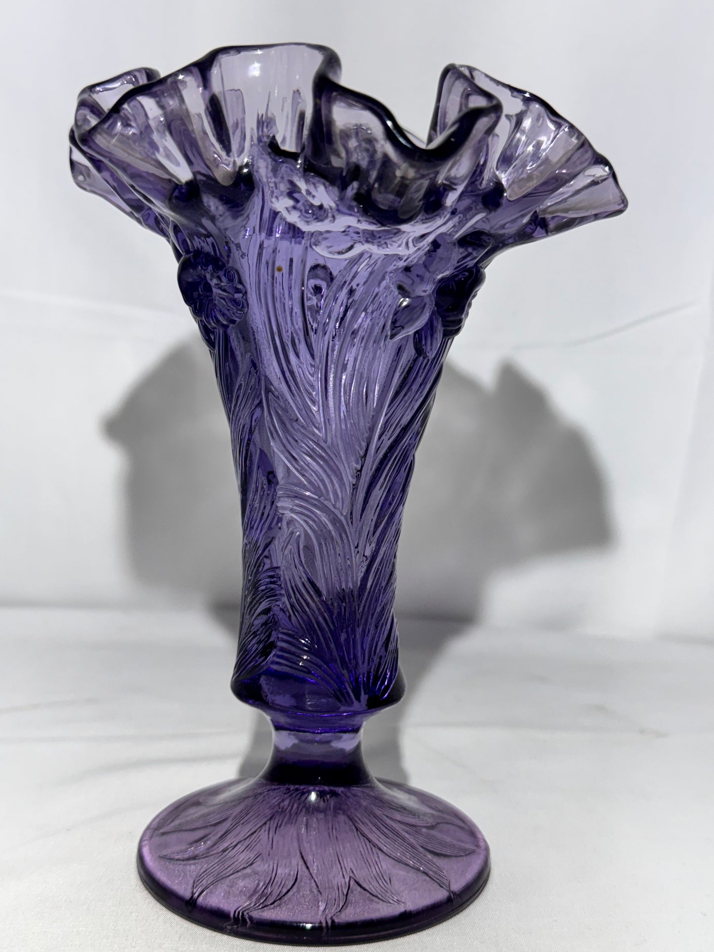 Fenton Amethyst Daffodil Ruffled Vase – Handcrafted in the USA – Original Fenton Sticker – 7.5” Tall