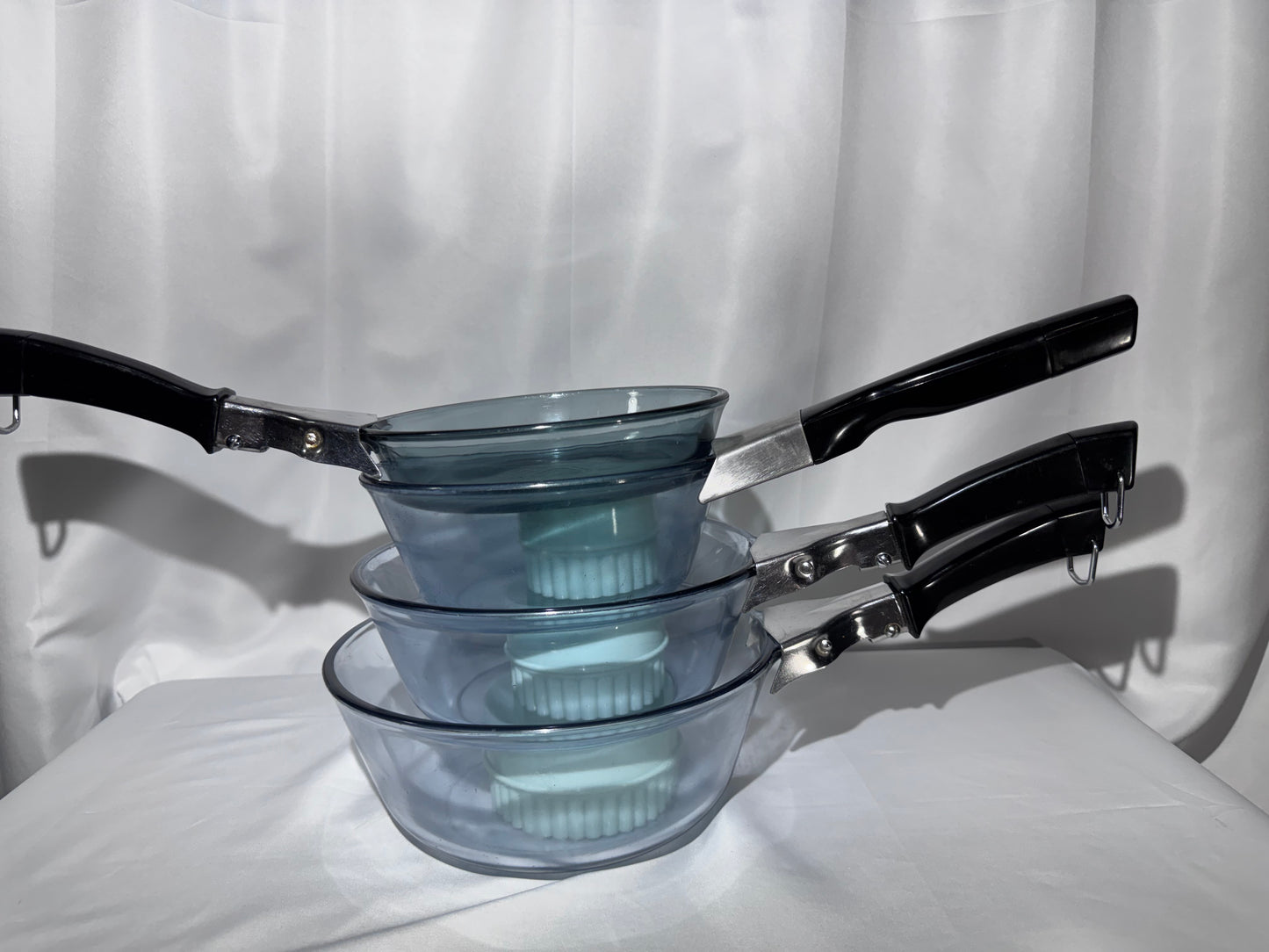 Vintage Pyrex Flameware Blue-Tinted Glass Saucepan Set – 817-B, 832-B, 833-B, 834