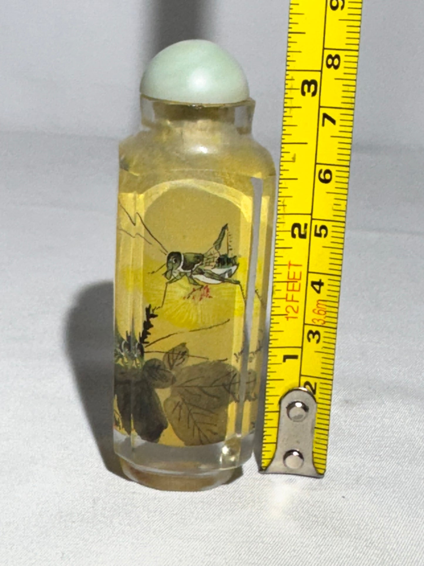 Antique Chinese Inside Hand Painted Glass Snuff Bottle – Crickets, Calligraphy & Artist Signature – Stone Topper