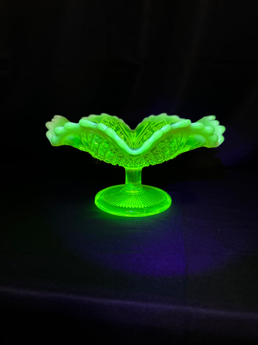 Victorian Davidson Uranium Glass Compote Bowl Queen’s Crown Primrose Pearline Opalescent Rim