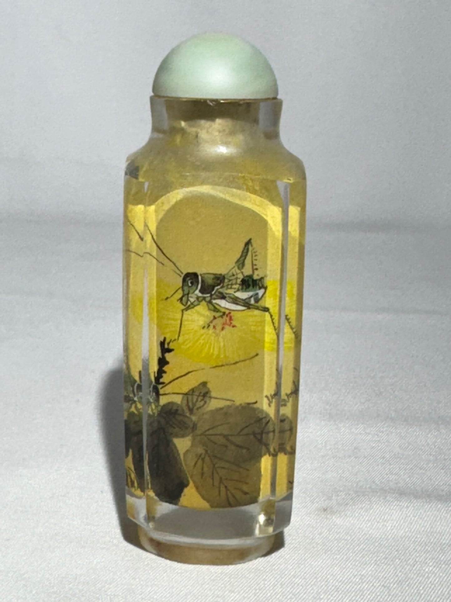 Antique Chinese Inside Hand Painted Glass Snuff Bottle – Crickets, Calligraphy & Artist Signature – Stone Topper