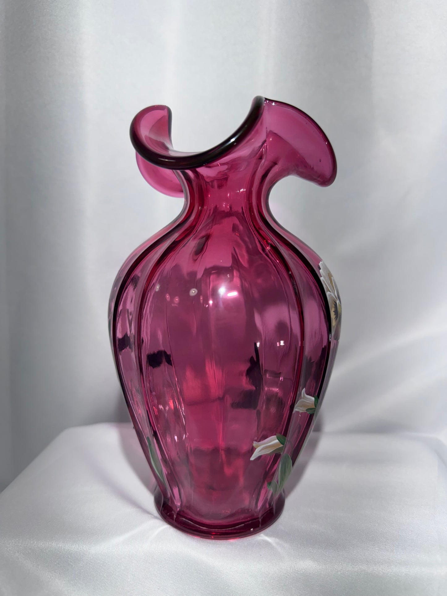Fenton Cranberry Pansies Hand-Painted Vase – Signed 1995 – #93