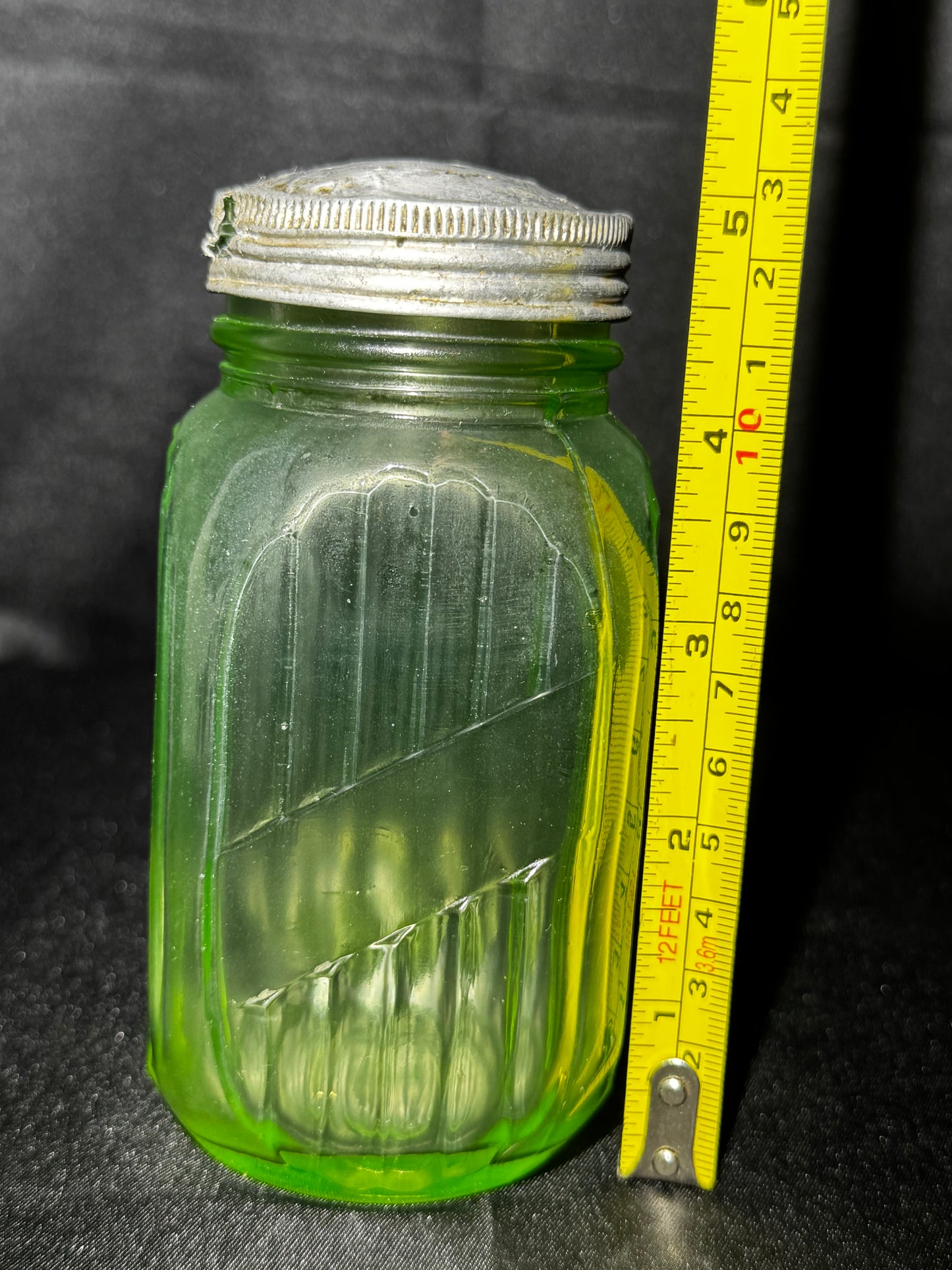 Vintage Anchor Hocking Uranium Green Glass Shaker Ribbed Hoosier Cabinet Jar w/ Metal Lid UV Glow