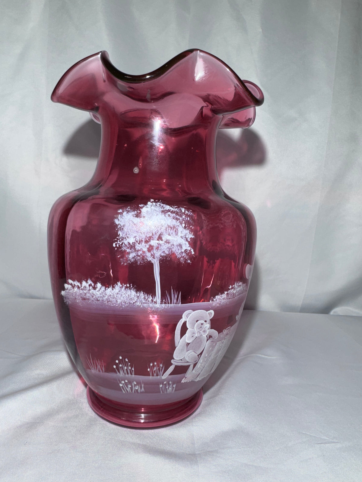 Fenton Cranberry Glass Mary Gregory-Style Hand-Painted Tea Party Ruffled Rim 10” Vase – Limited Edition #1783/2350