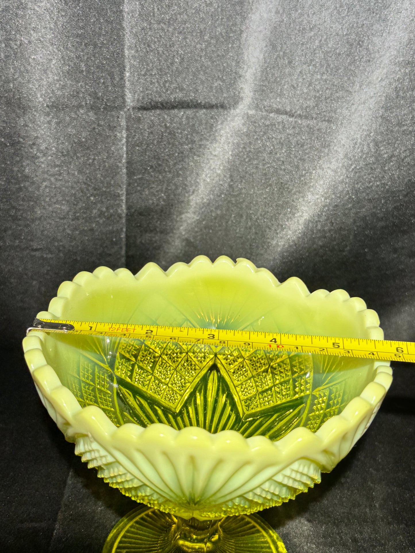 Victorian Uranium Glass Davidson Primrose Pearline Footed Compote – RN 285342