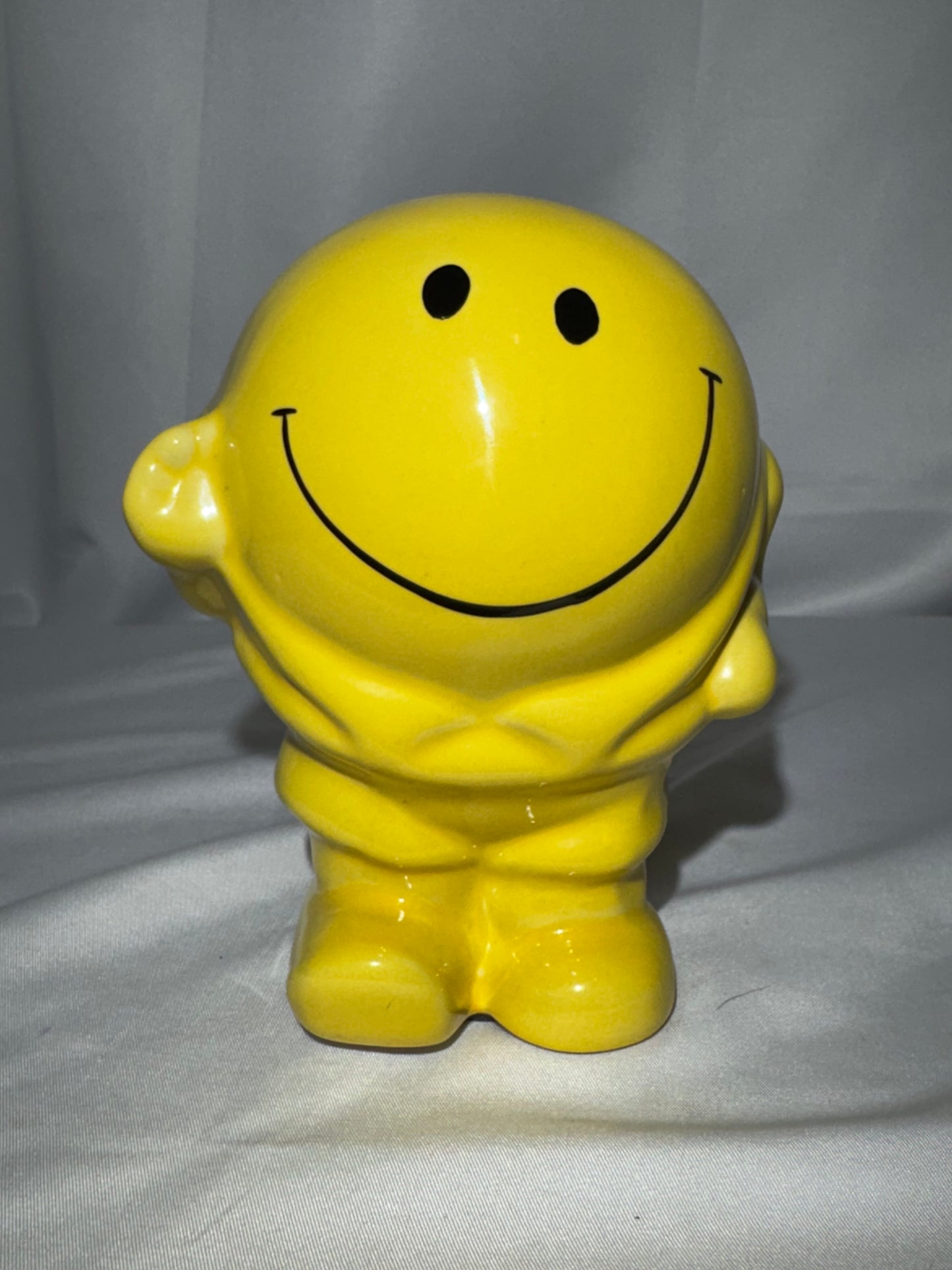 Vintage 1970s Yellow Smiley Face Man Ceramic Piggy Bank Coin Bank Retro Happy Face 5.5”