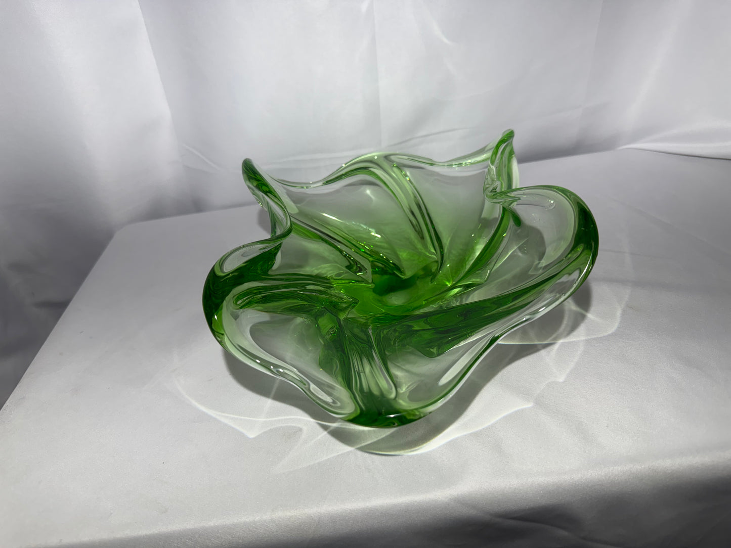 Vintage Mid-Century Emerald Green Hand Blown Art Glass Freeform Console Bowl 12”