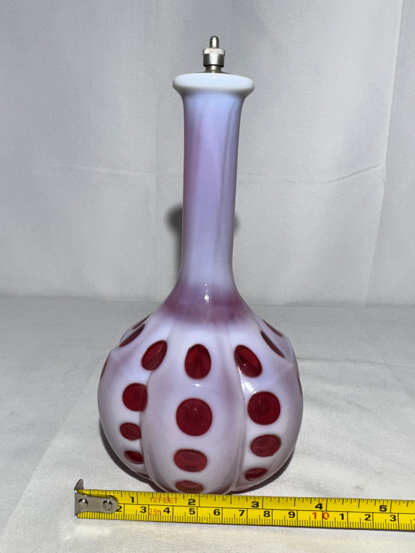 Vintage Cranberry & White Coin Dot Barber Bottle w/ Original Topper