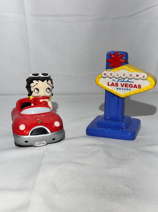 V intage 2008 Betty Boop Salt & Pepper Shaker Set – Betty in Red Corvette & Las Vegas Sign by Vandor