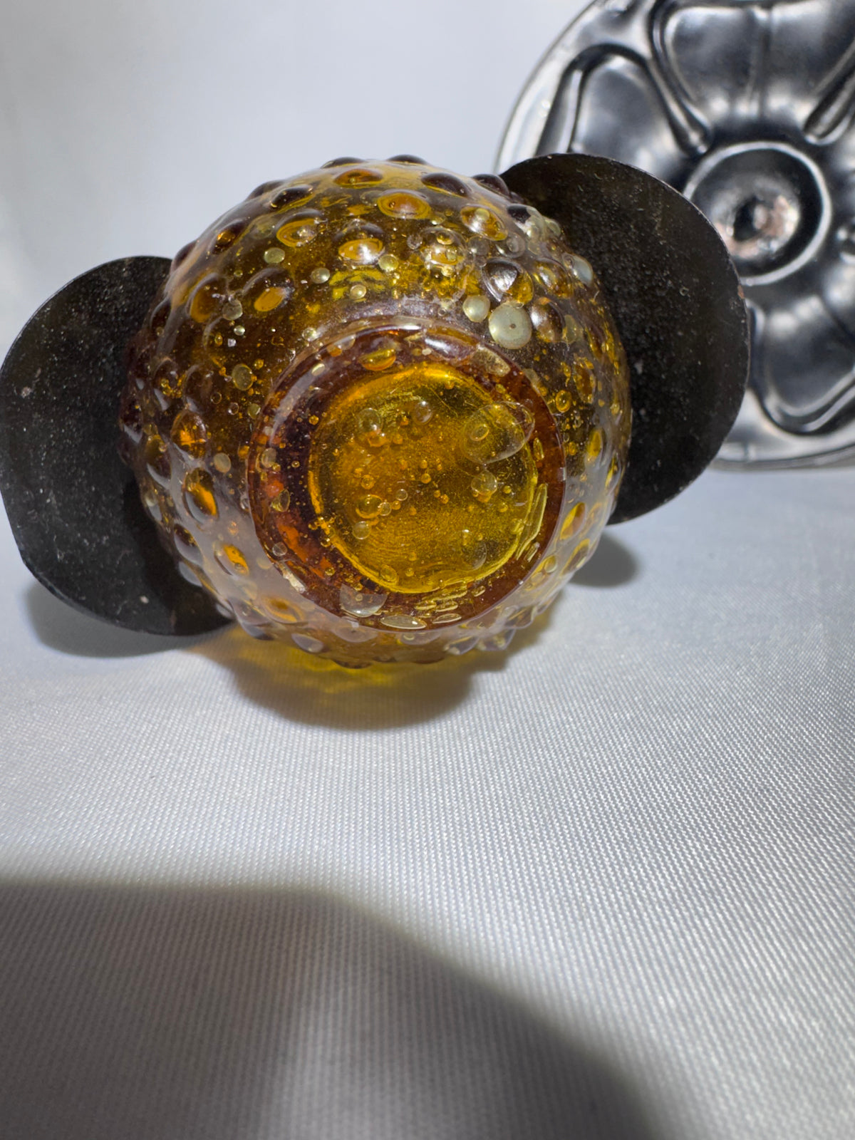Vintage 1970s Amber Hobnail Glass Owl Salt & Pepper Shakers w/ Metal Tree Stand
