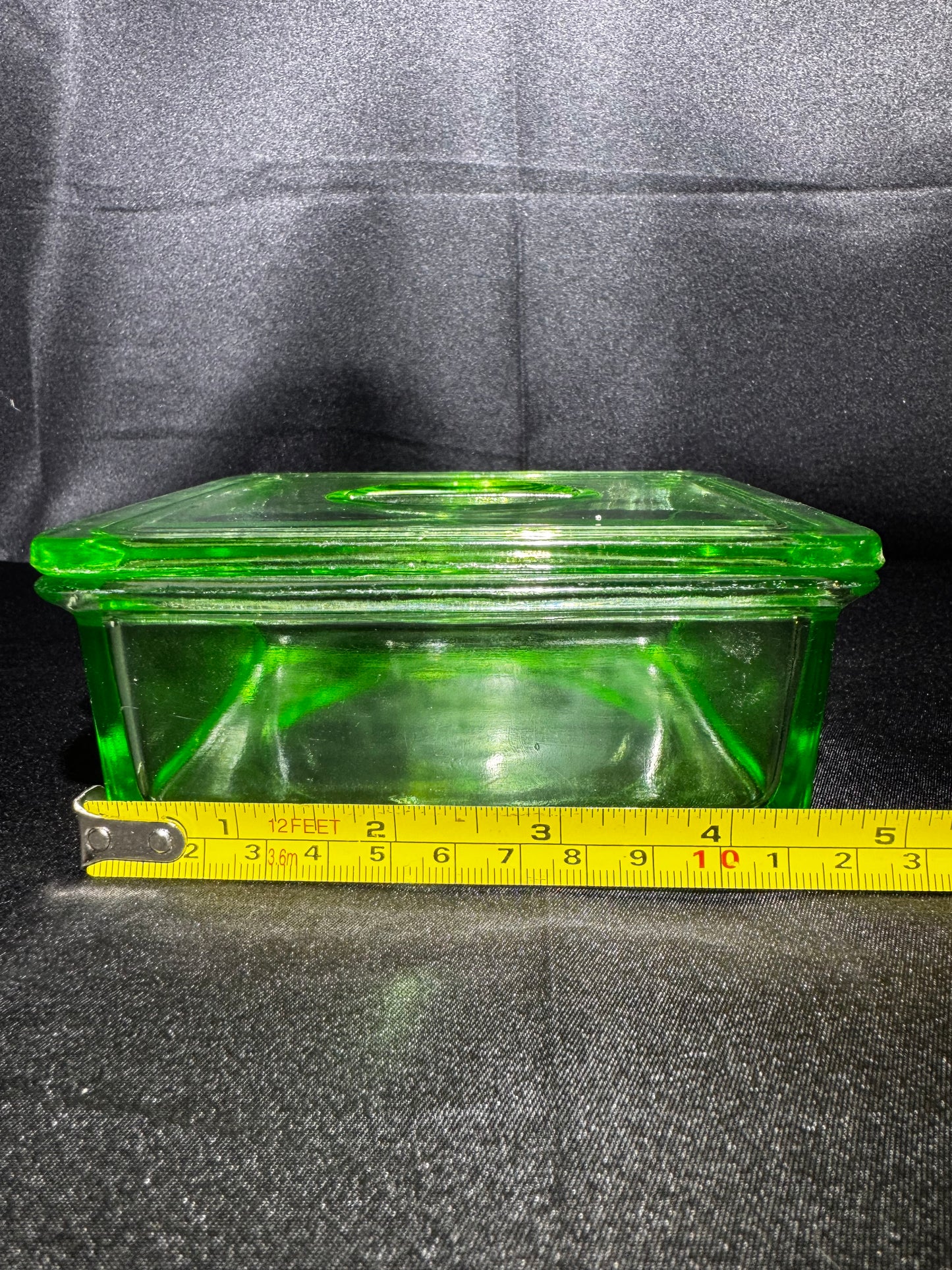 Vintage Hazel Atlas Uranium Glass Refrigerator Dish w/ Lid Green Depression Glass 6”