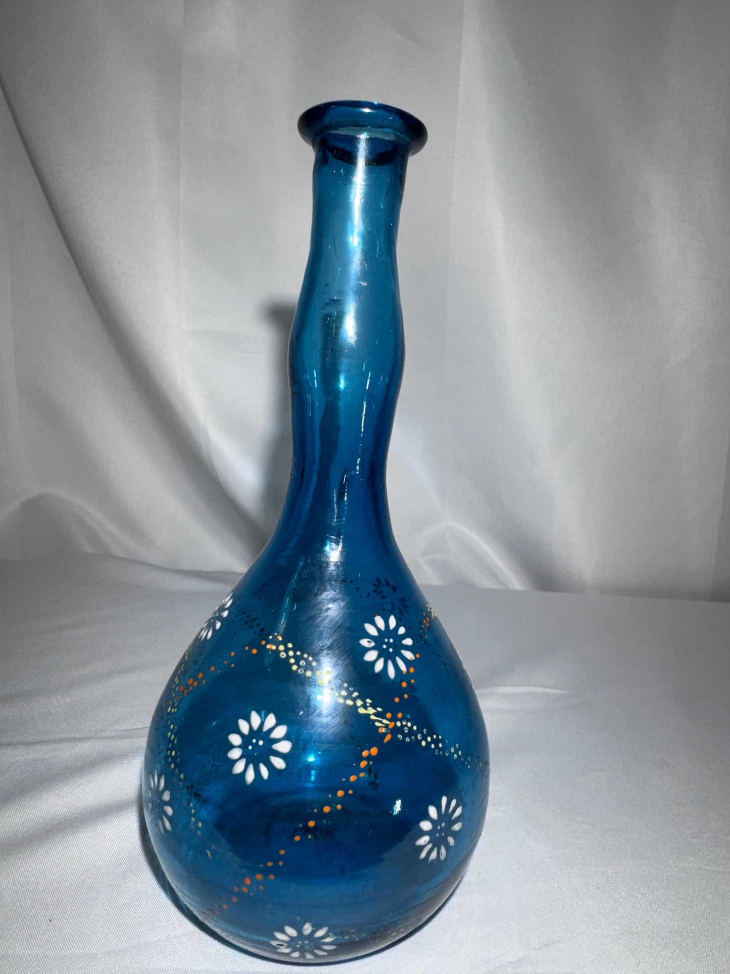 Antique Victorian Blue Glass Barber Bottle – Hand-Painted Daisy & Enamel Floral Design