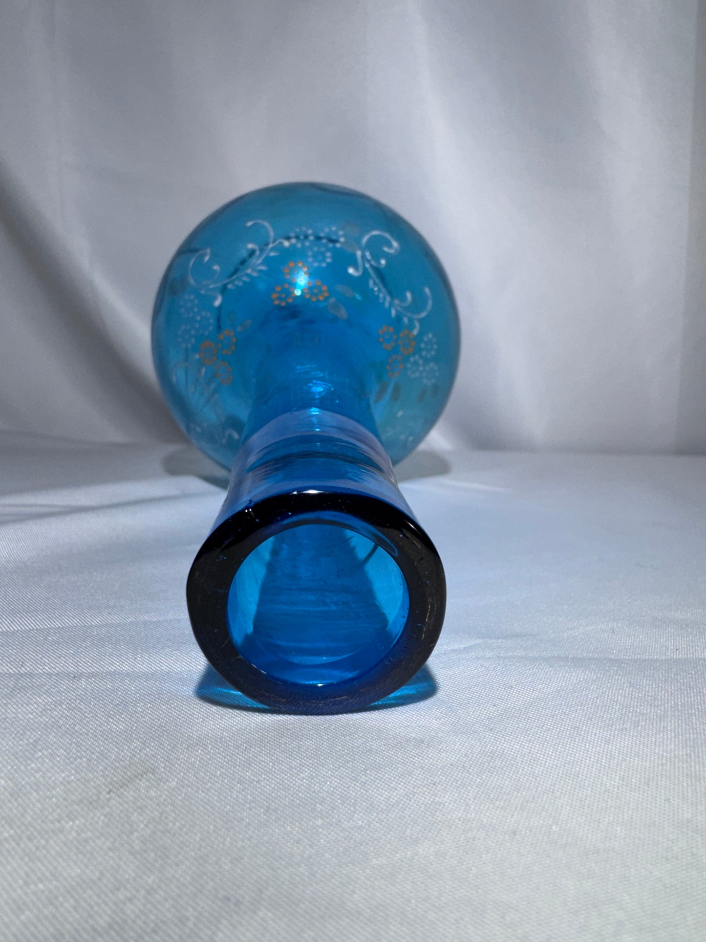 Antique Victorian Hand-Blown Blue Glass Barber Bottle – Hand-Painted Floral Enamel