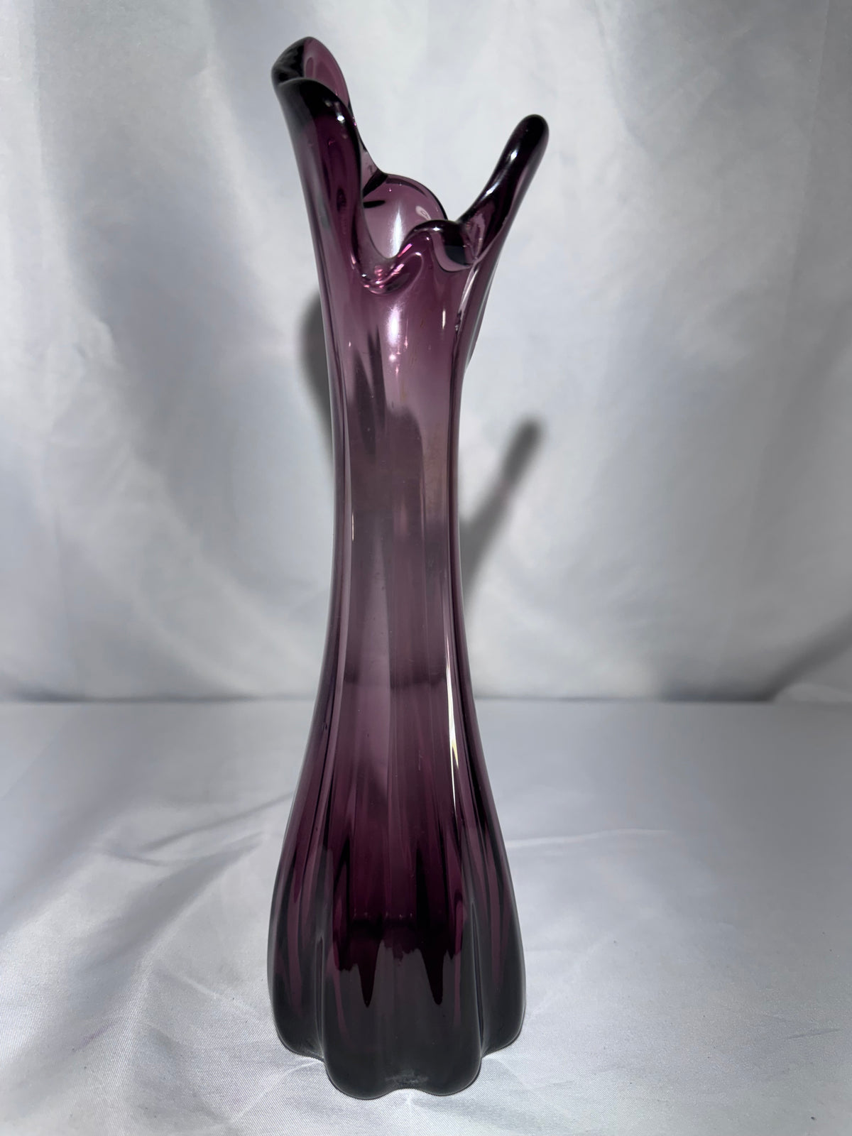 Vintage Amethyst Purple Glass Five-Finger Swung Vase – Mid-Century Modern – 10.5” Tall