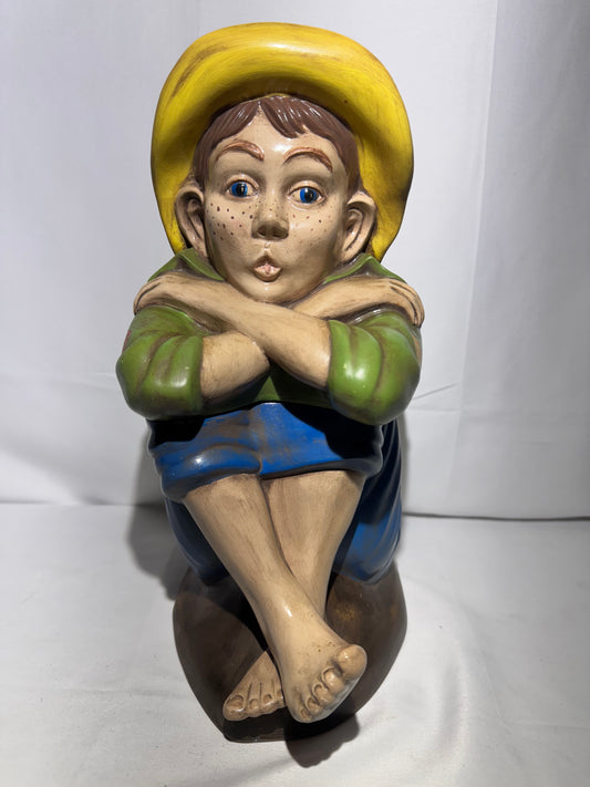 Vintage Arnel’s Chalkware Sitting Boy Whistling Cookie Jar – 1950s -Huckleberry Finn