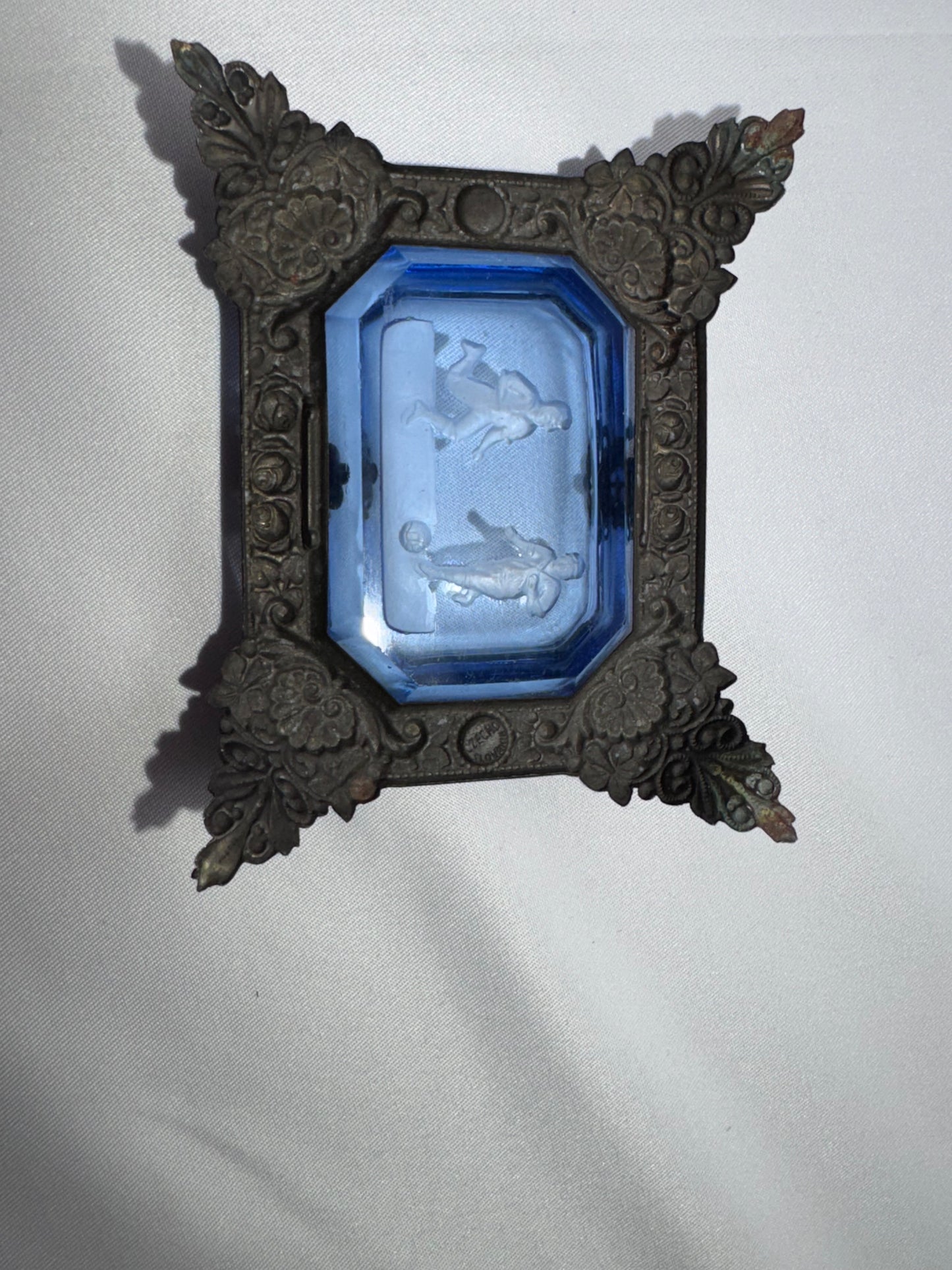 Vintage Art Deco Bohemian Intaglio Glass Open Salt Cellar – Soccer Theme – Ornate Metal Holder – 1920s–1930s