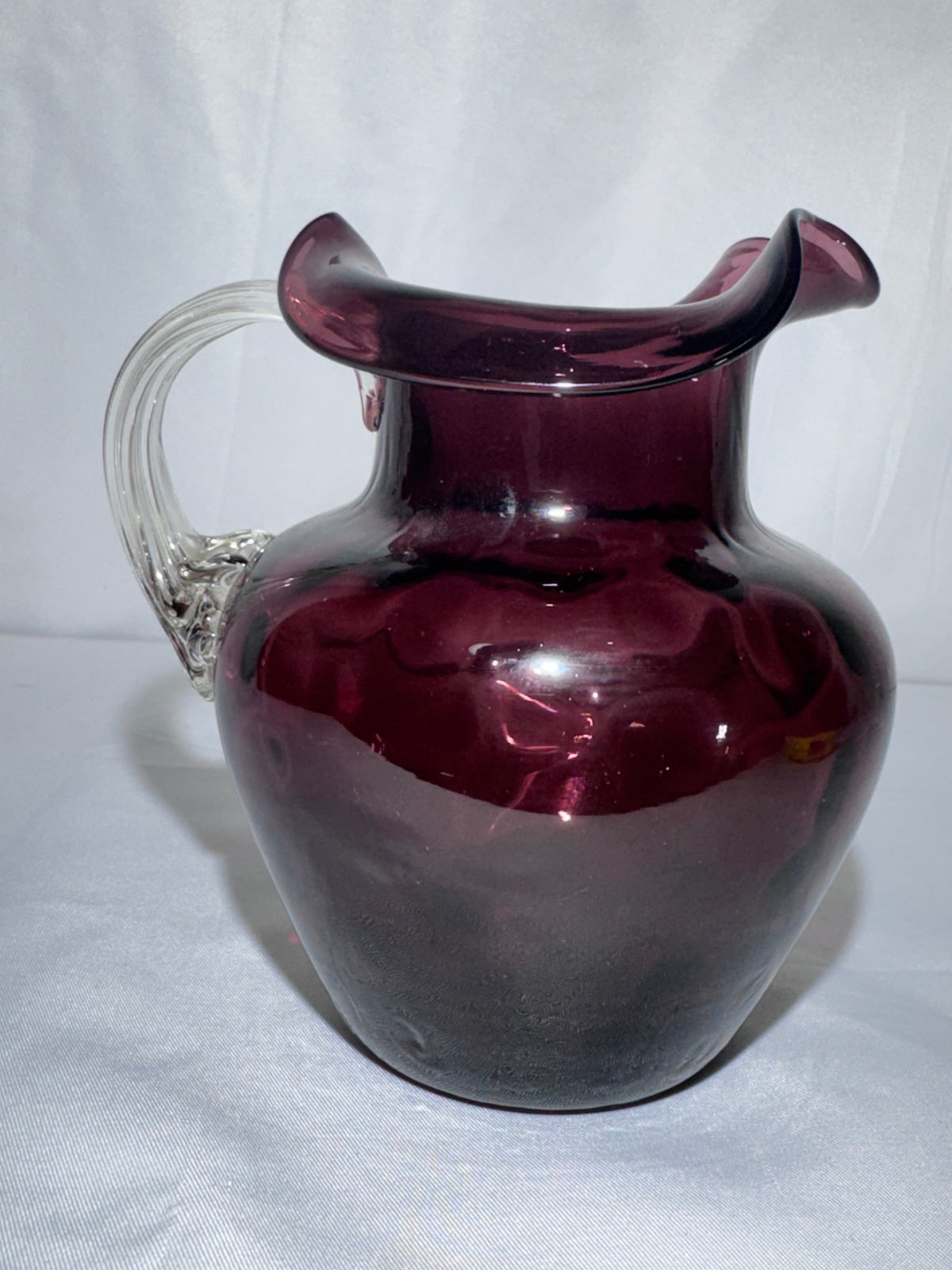 Vintage Hand-Blown Purple Amethyst Glass Coin Dot Small Pitcher / Creamer Ruffled Rim 1940’s-1950’s