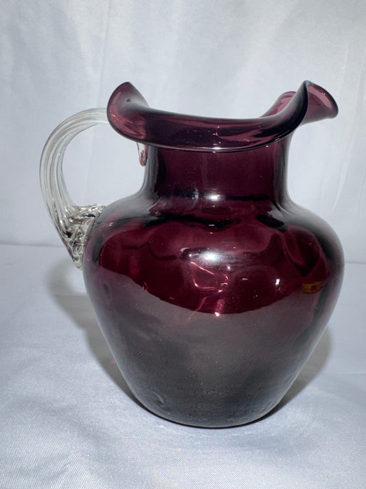 Vintage Hand-Blown Purple Amethyst Glass Coin Dot Small Pitcher / Creamer Ruffled Rim 1940’s-1950’s