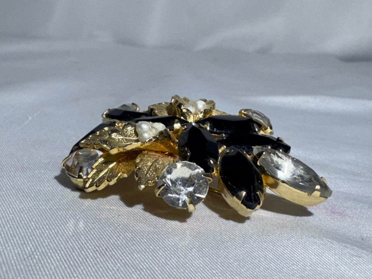 Vintage Weiss Style Black Rhinestone Floral Brooch Faux Pearl Gold Tone Unsigned