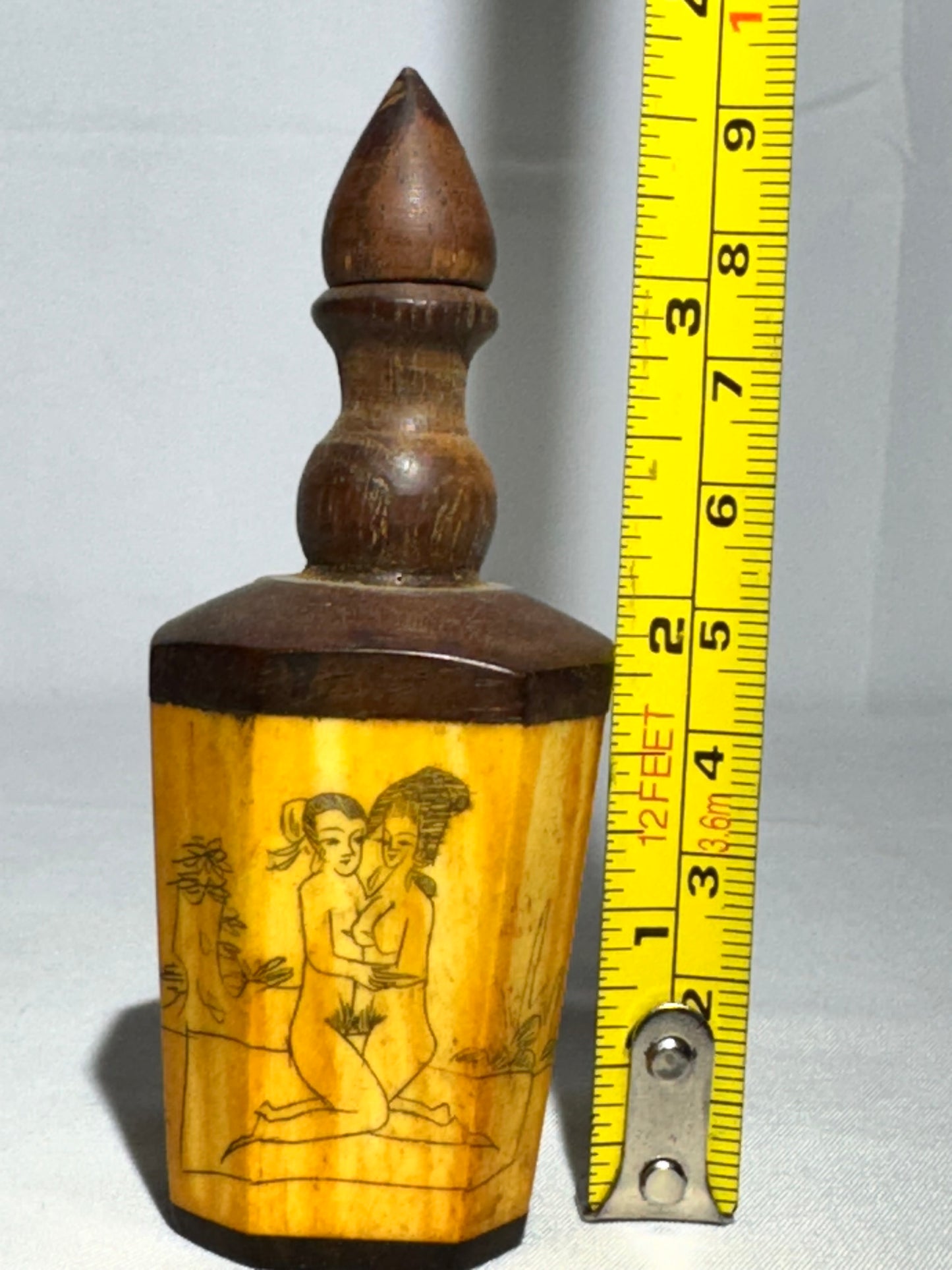 Antique Chinese Bovine Bone & Wood Snuff Bottle – Eight-Sided Hand-Painted Scrimshaw Erotic Scene