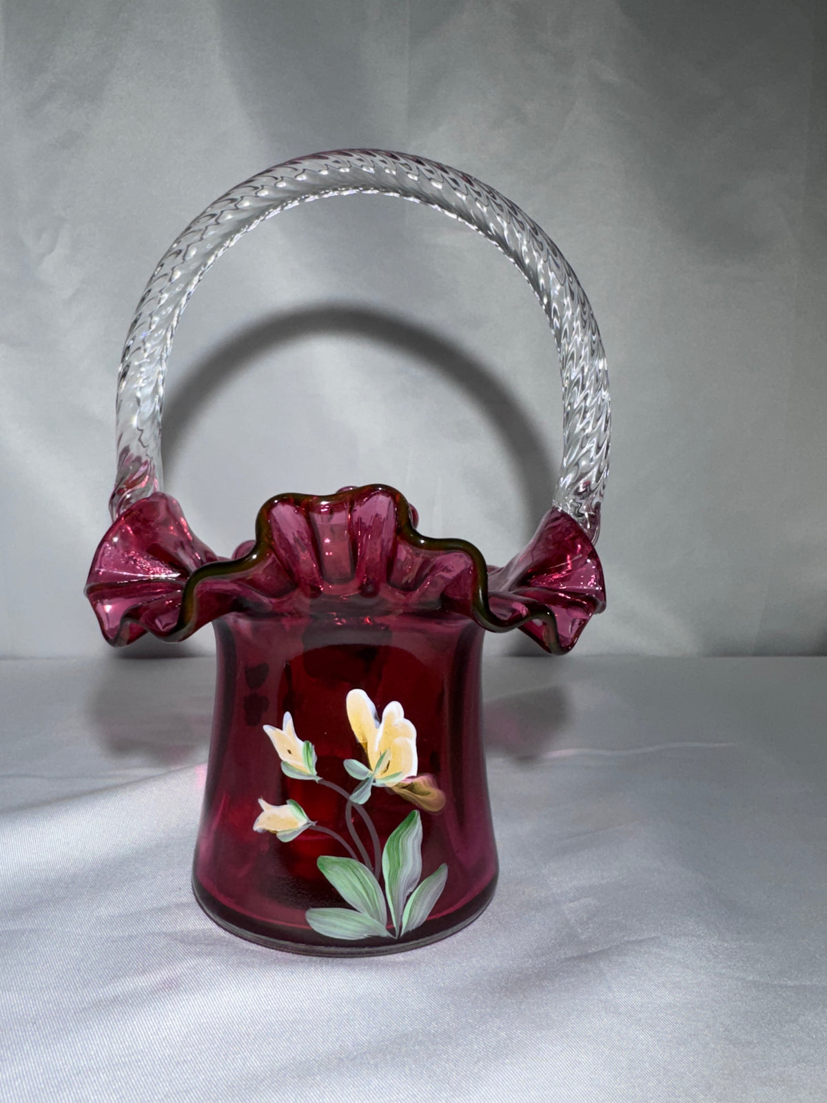 Vintage Fenton Cranberry Art Glass Basket – Hand-Painted Pansies – Ruffled Rim -signed P.Lane