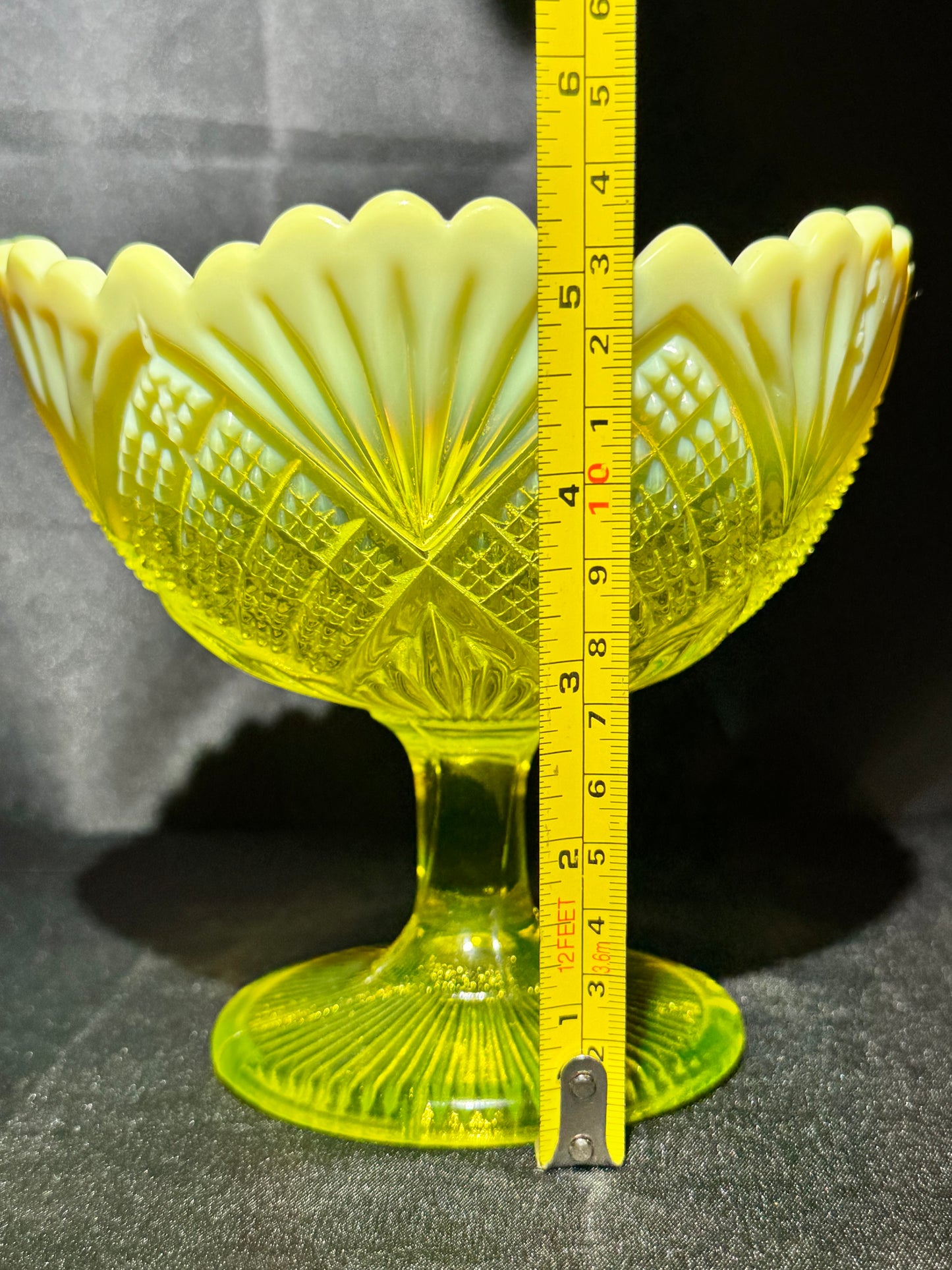 Victorian Uranium Glass Davidson Primrose Pearline Footed Compote – RN 285342