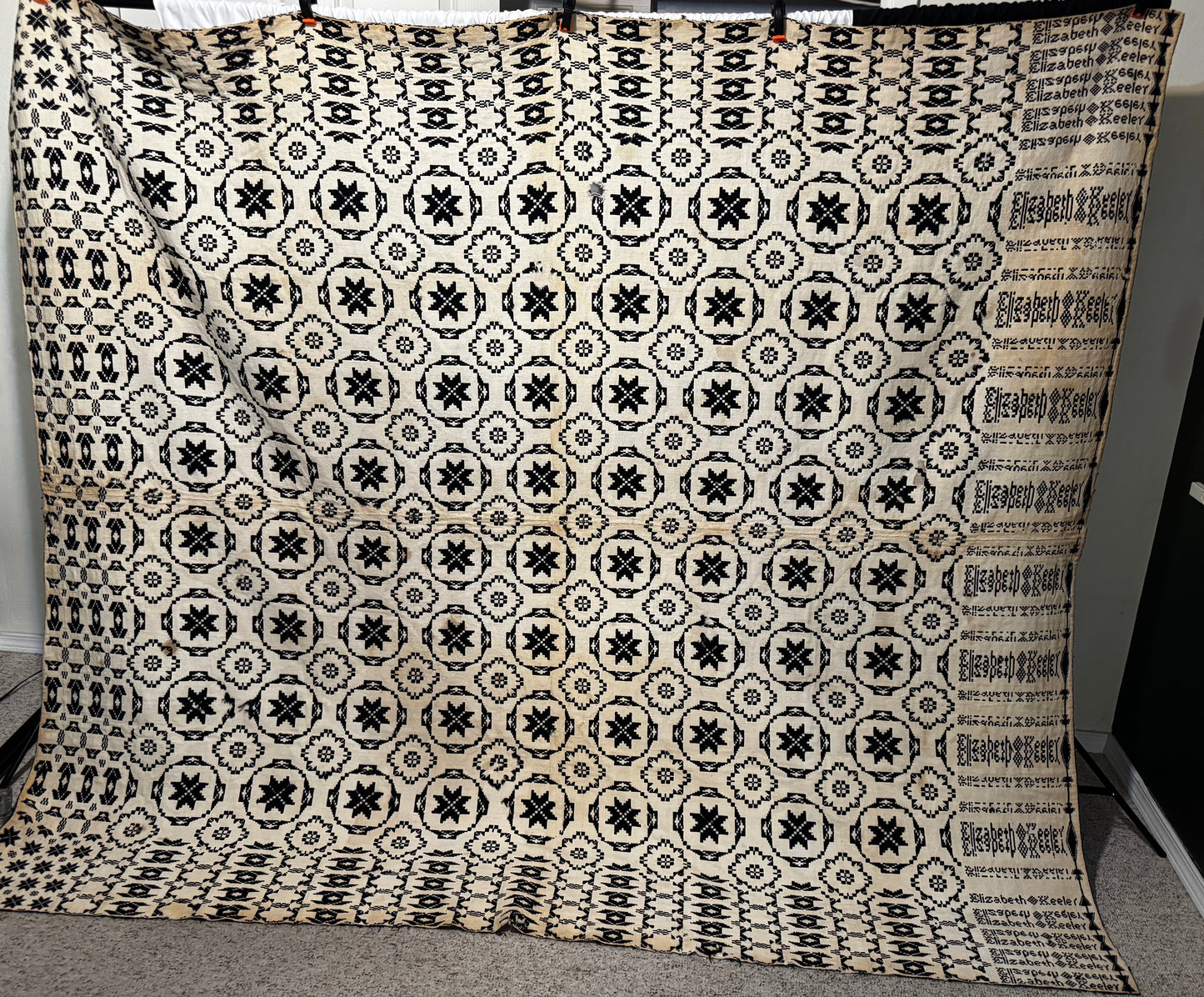 Early 1800s Handwoven Reversible Coverlet – Indigo & Cream – “Elizabeth KEELER” Signed Textile