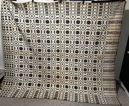 Early 1800s Handwoven Reversible Coverlet – Indigo & Cream – “Elizabeth KEELER” Signed Textile