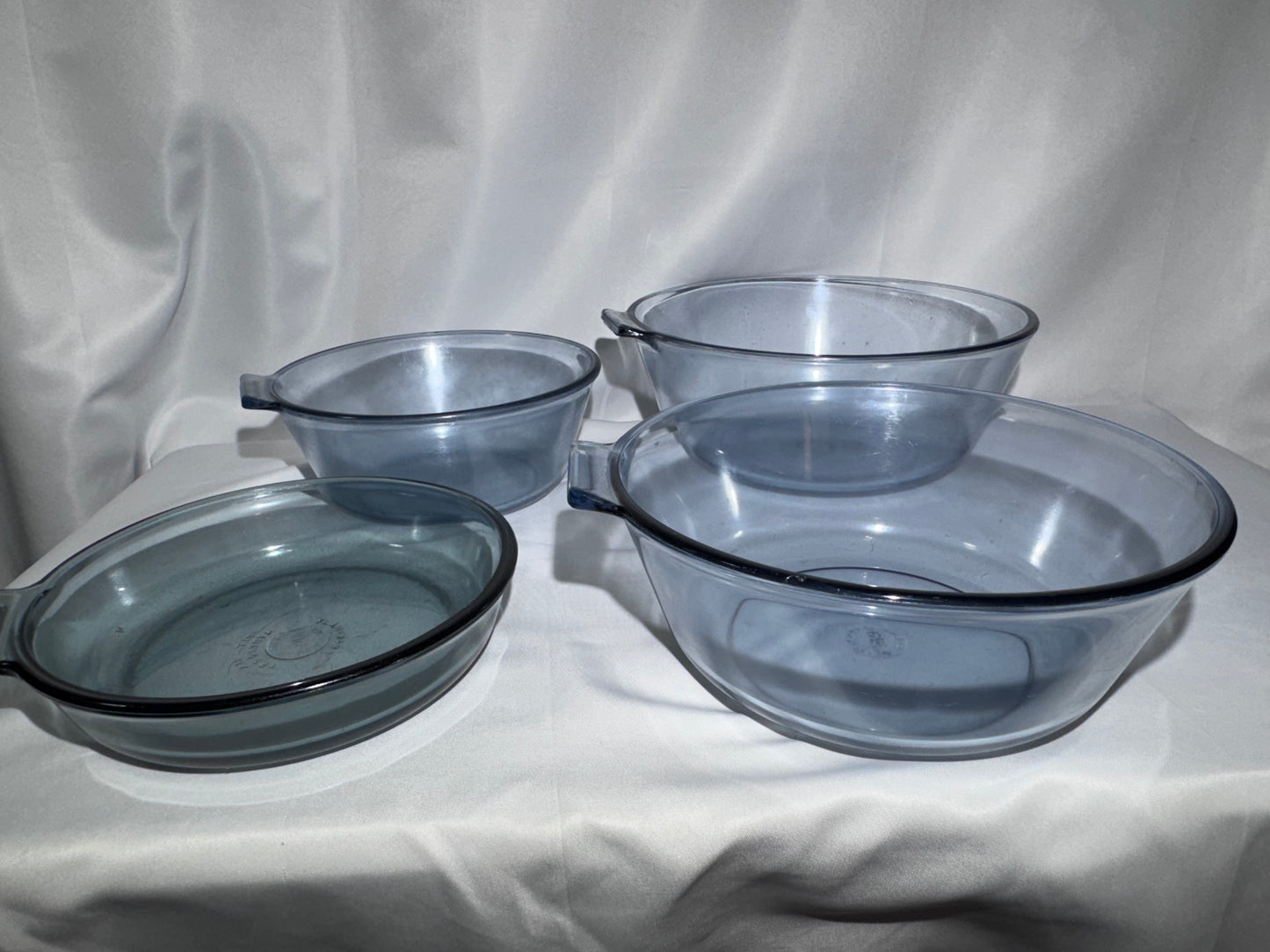 Vintage Pyrex Flameware Blue-Tinted Glass Saucepan Set – 817-B, 832-B, 833-B, 834