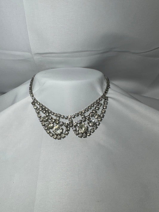 Vintage Clear Rhinestone Choker Necklace – Silver Tone – Elegant Sparkle – 16” Adjustable- Women’s jewelry