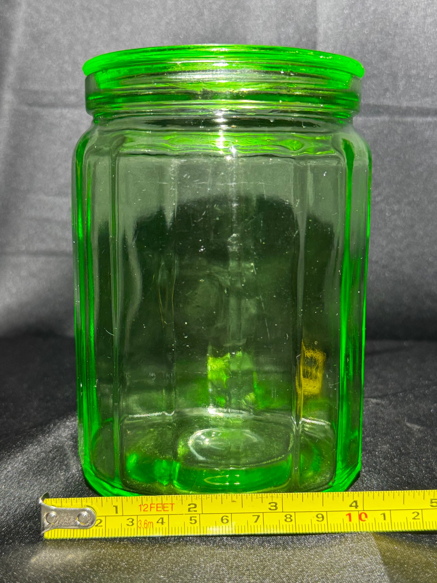 Vintage Hazel Atlas Uranium Glass Canister Green Paneled Depression Glass UV Glow 6-K-345