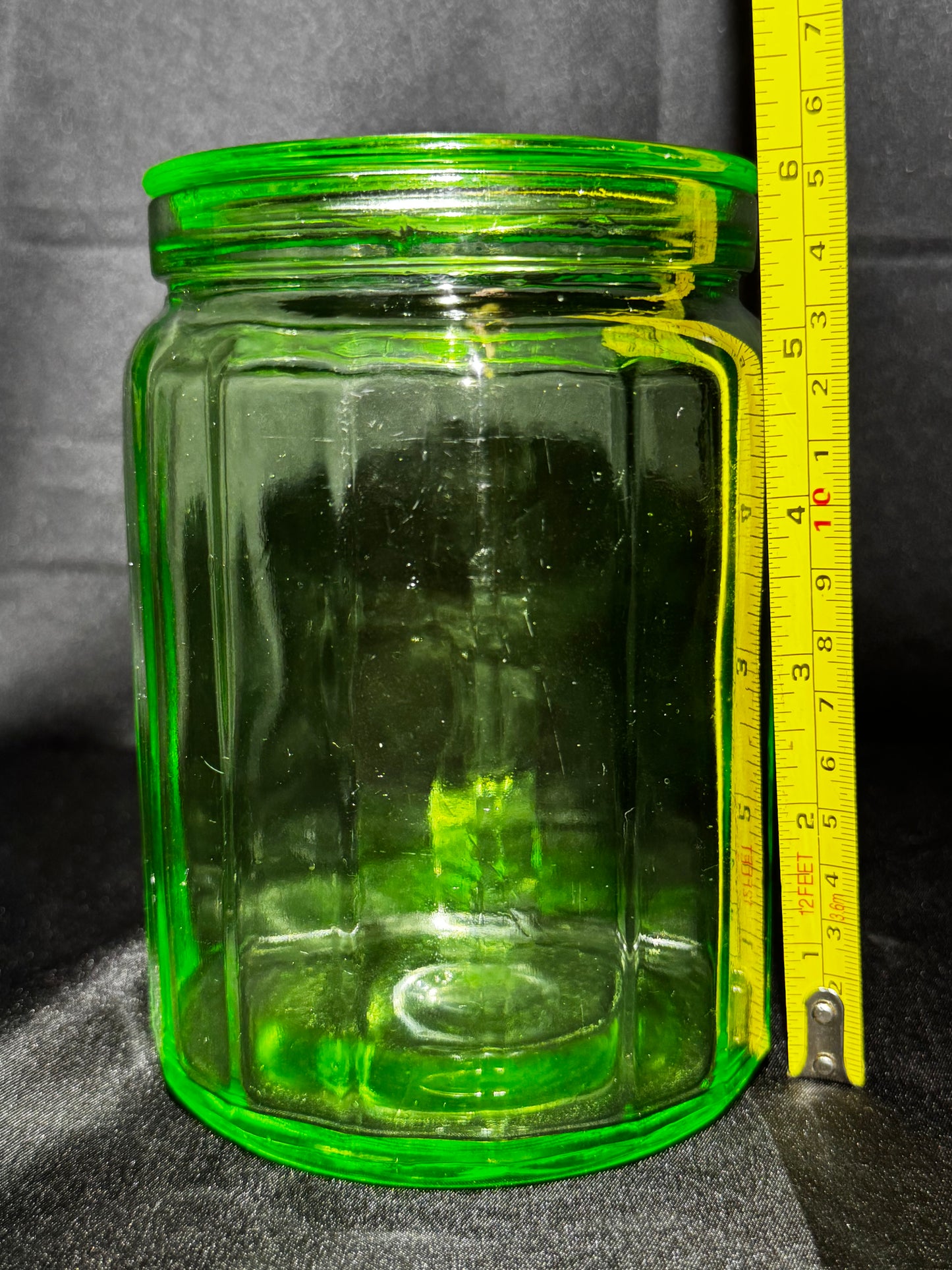 Vintage Hazel Atlas Uranium Glass Canister Green Paneled Depression Glass UV Glow 6-K-345