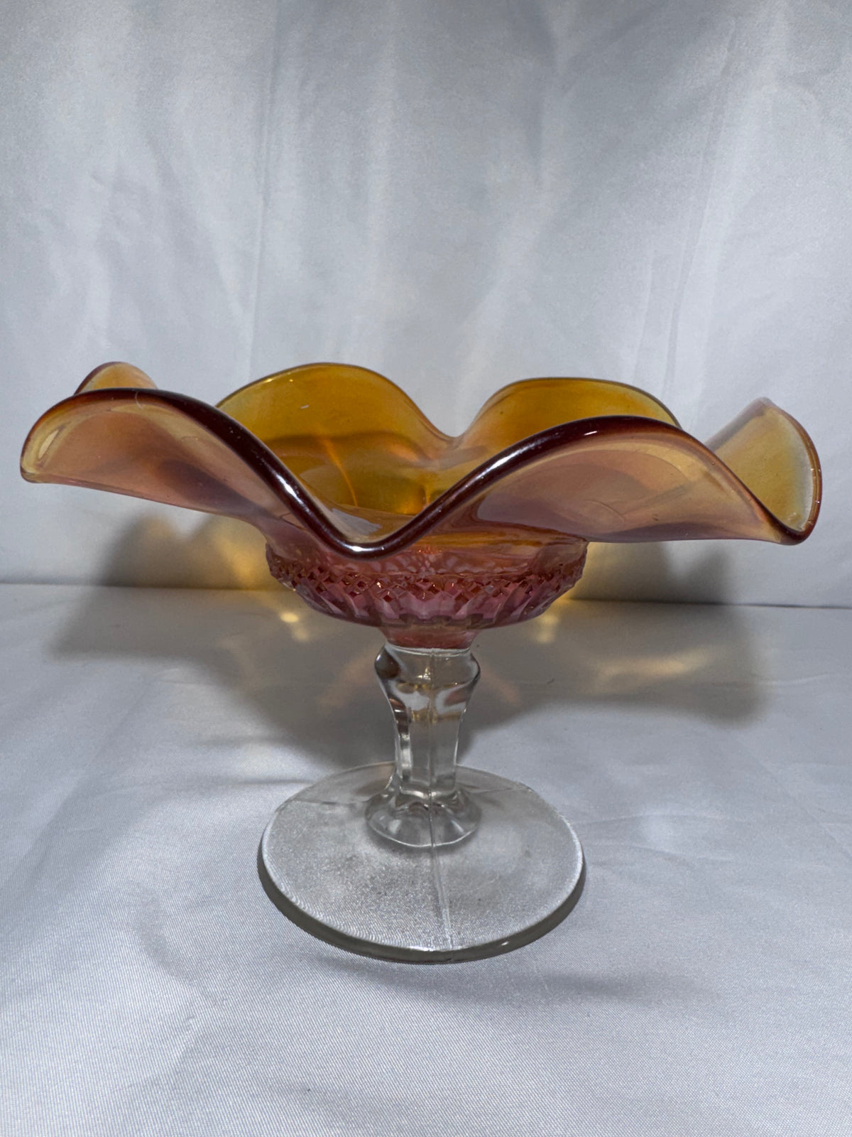 Vintage Marigold Carnival Glass Ruffled Pedestal Compote / Candy Dish 1920’s