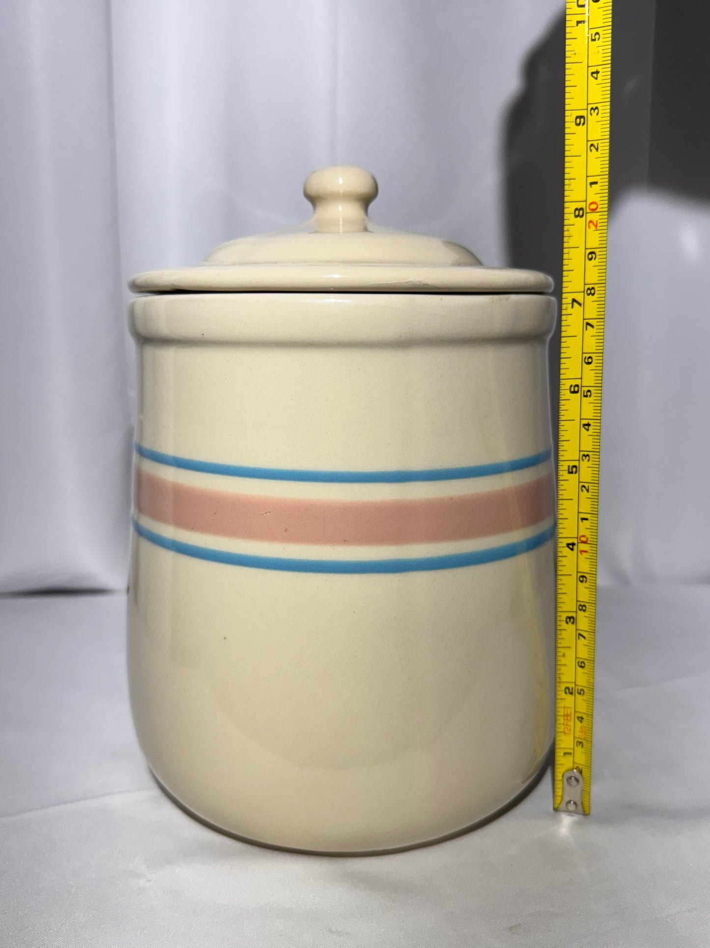 Vintage McCoy Pottery Canister / Cookie Jar – Cream with Pink & Blue Stripes – USA