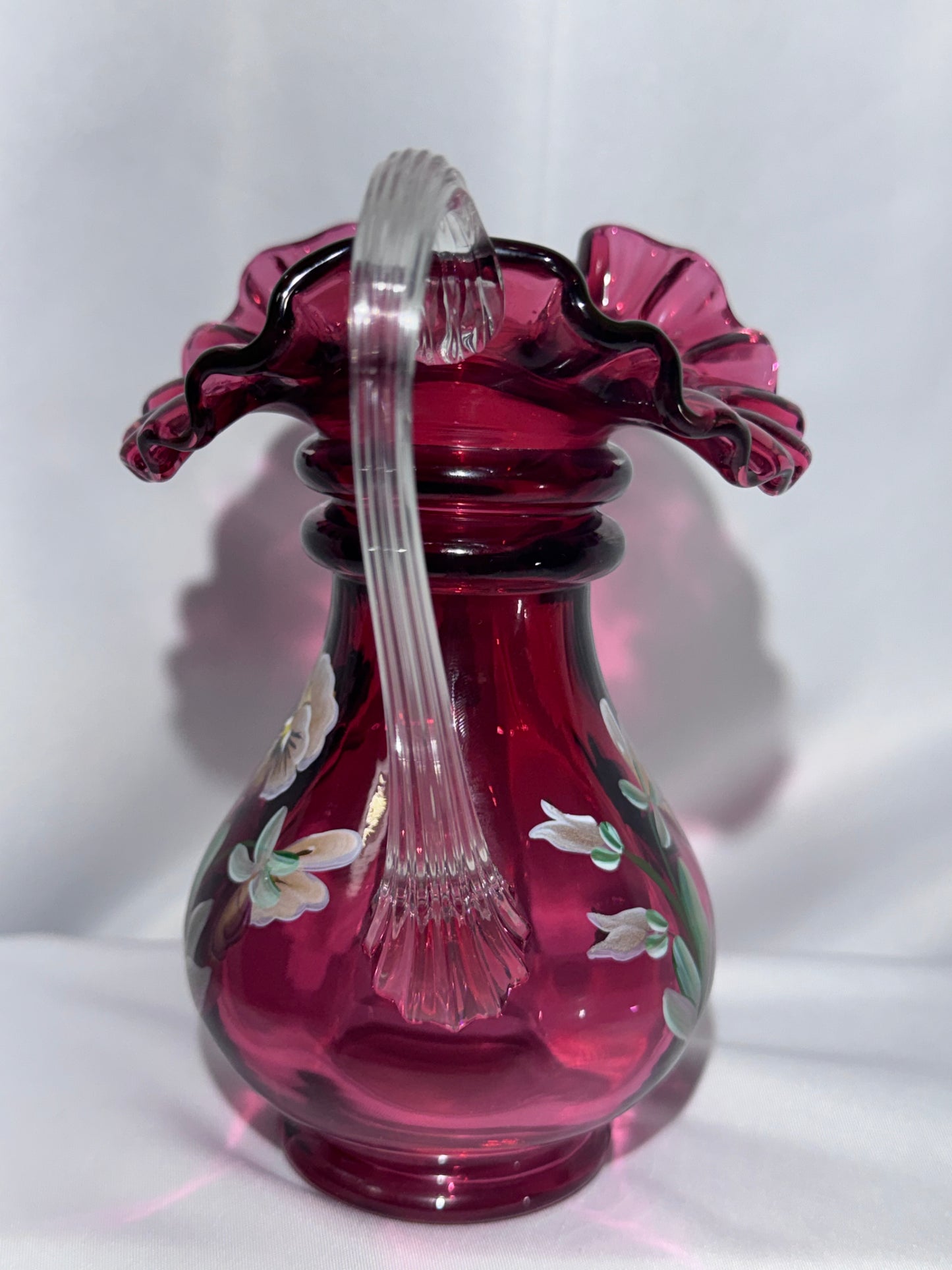 Vintage Fenton Cranberry Glass Pitcher – Hand-Painted Pansies – Signed