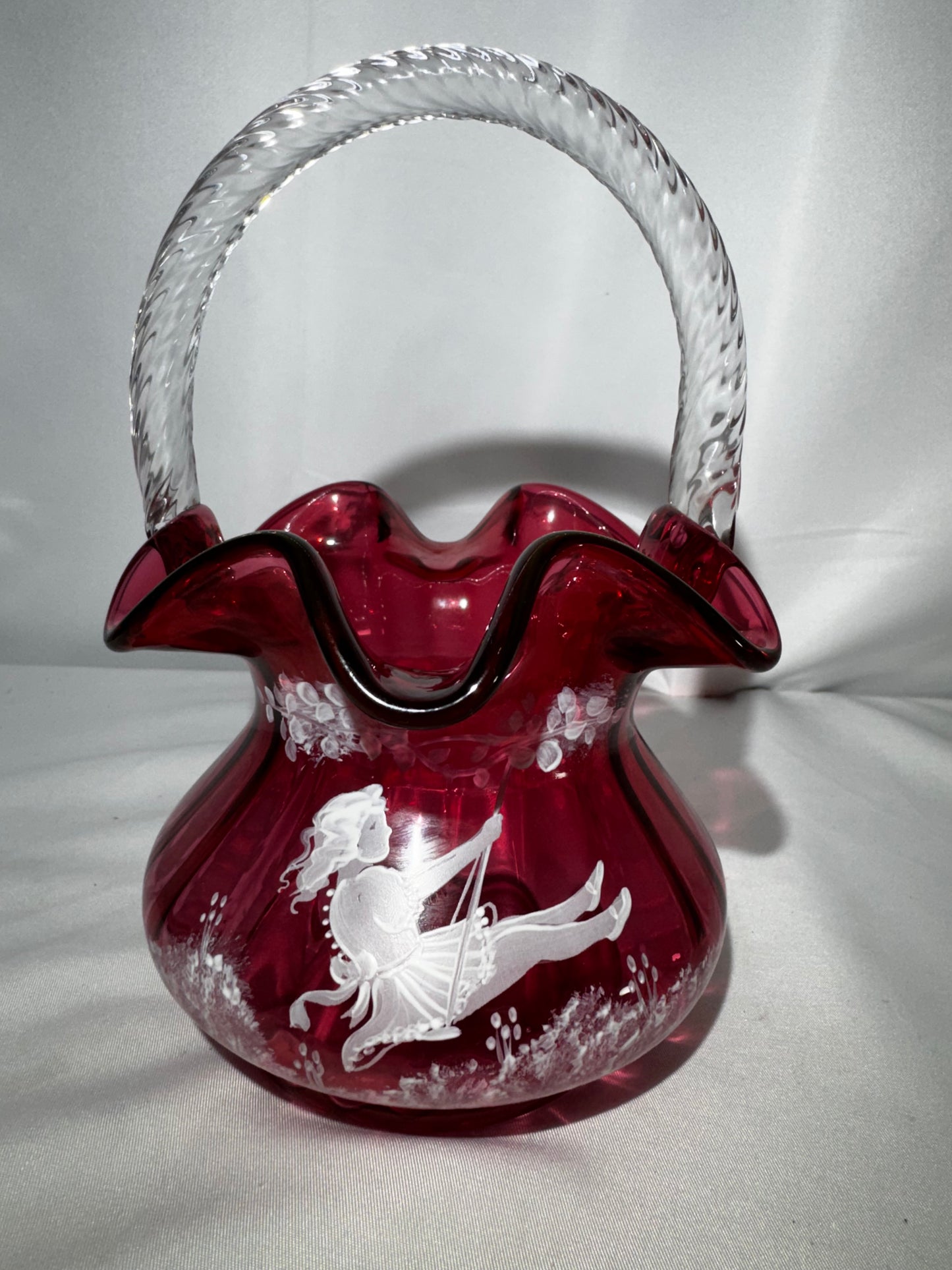 Fenton Art Glass Cranberry Basket Mary Gregory Child on Swing Hand-Painted #790/1500 Signed