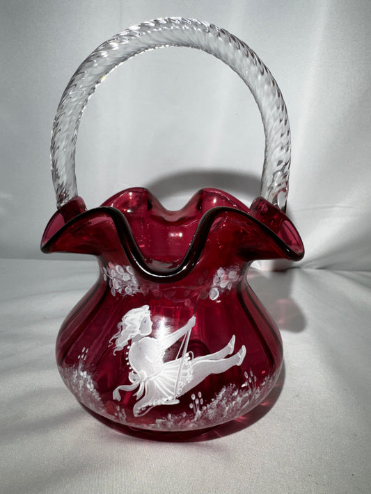 Fenton Art Glass Cranberry Basket Mary Gregory Child on Swing Hand-Painted #790/1500 Signed