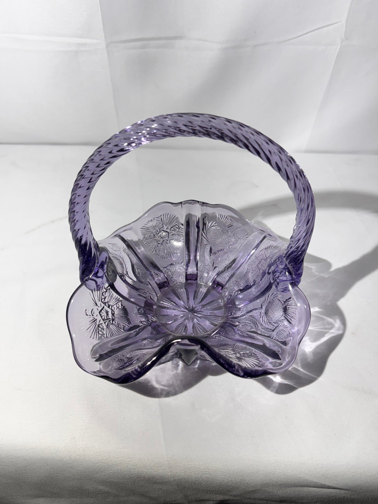 Fenton Glass Basket – Thistle Pattern – Approx. 6 ½” Tall – Original Fenton Sticker
